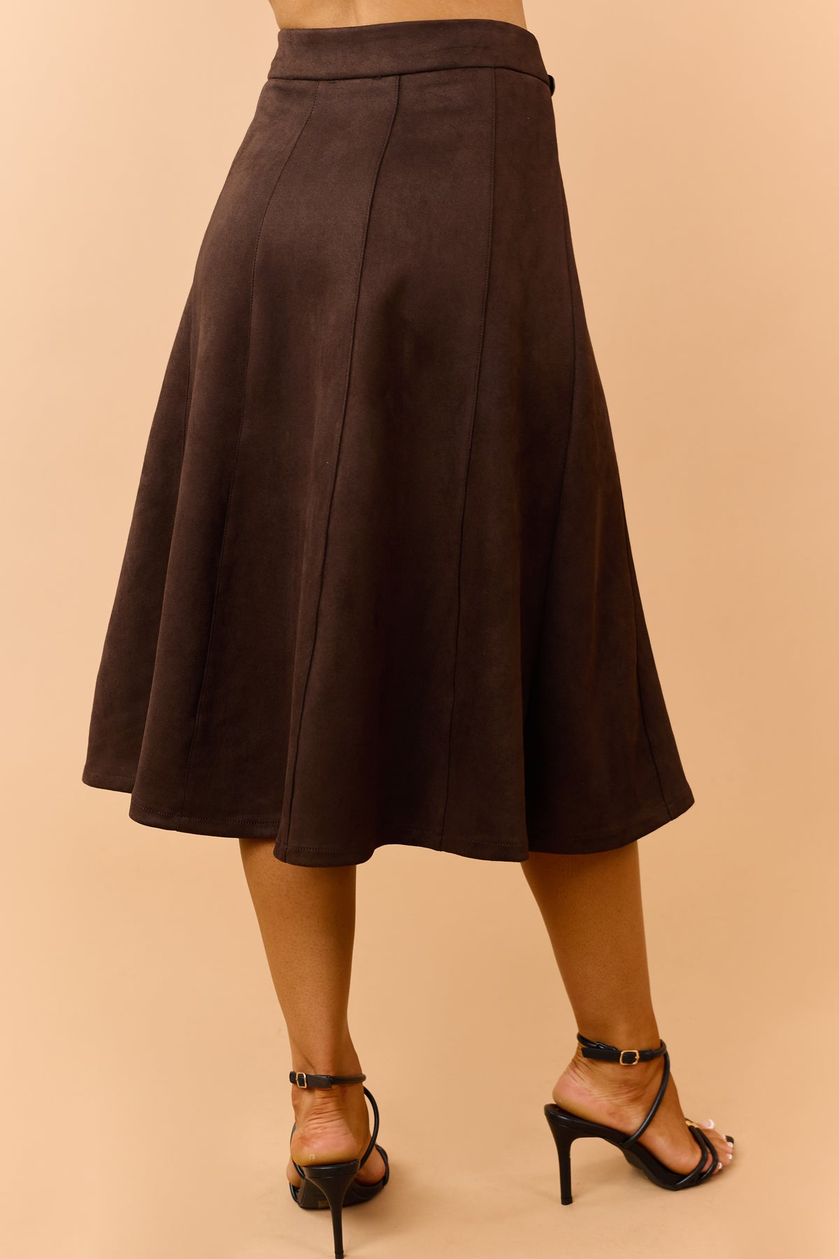 Chocolate Faux Suede Belted Midi Skirt