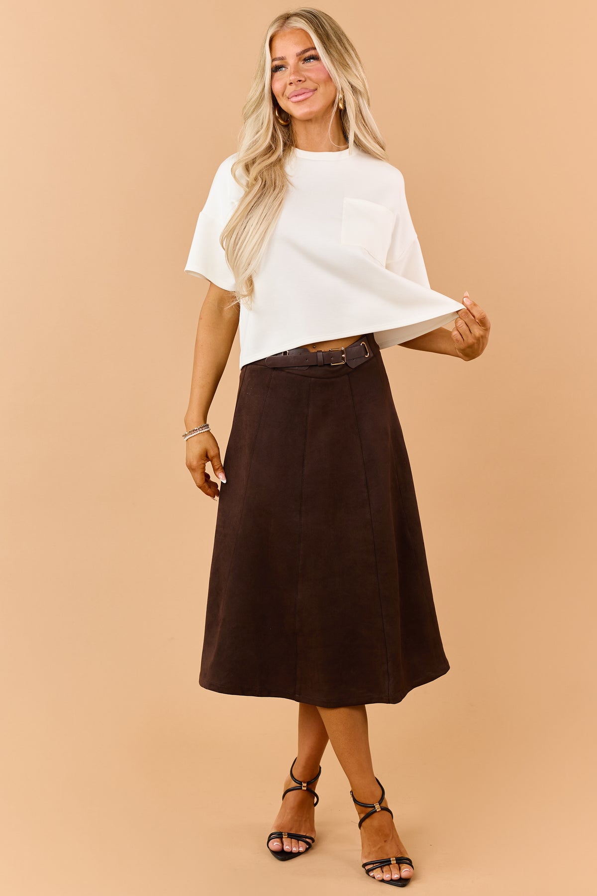 Chocolate Faux Suede Belted Midi Skirt