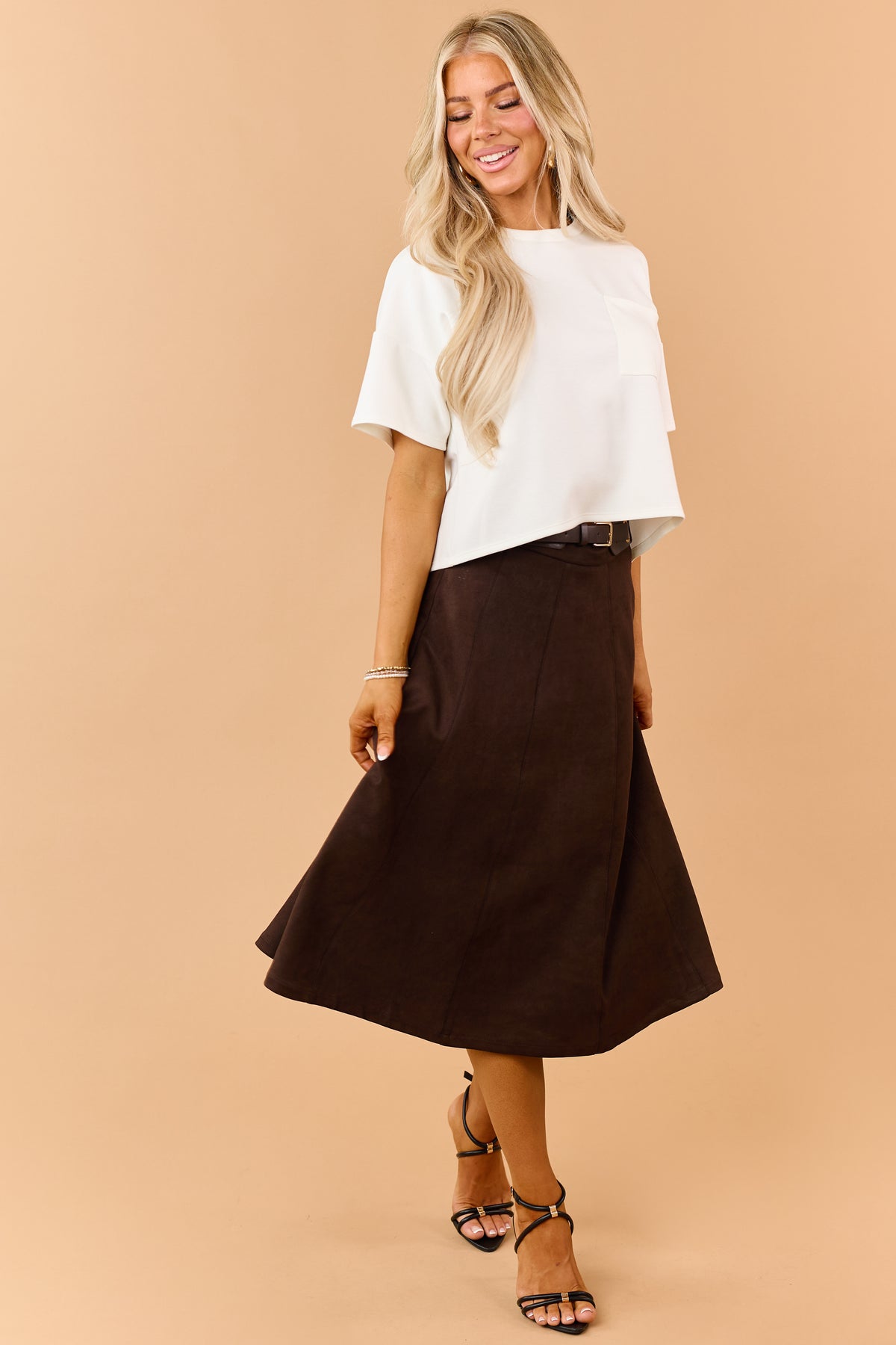 Chocolate Faux Suede Belted Midi Skirt