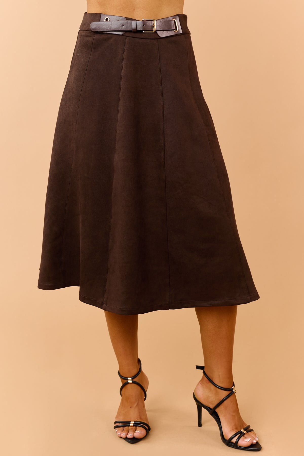 Chocolate Faux Suede Belted Midi Skirt