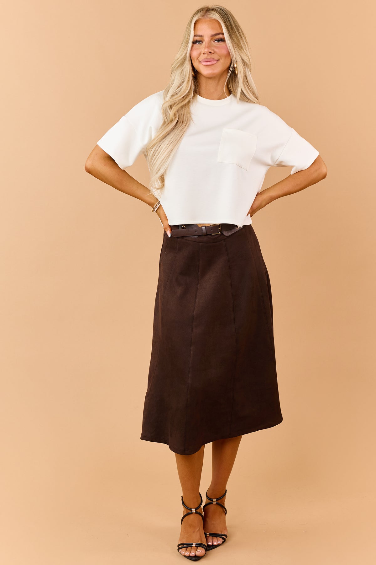 Chocolate Faux Suede Belted Midi Skirt