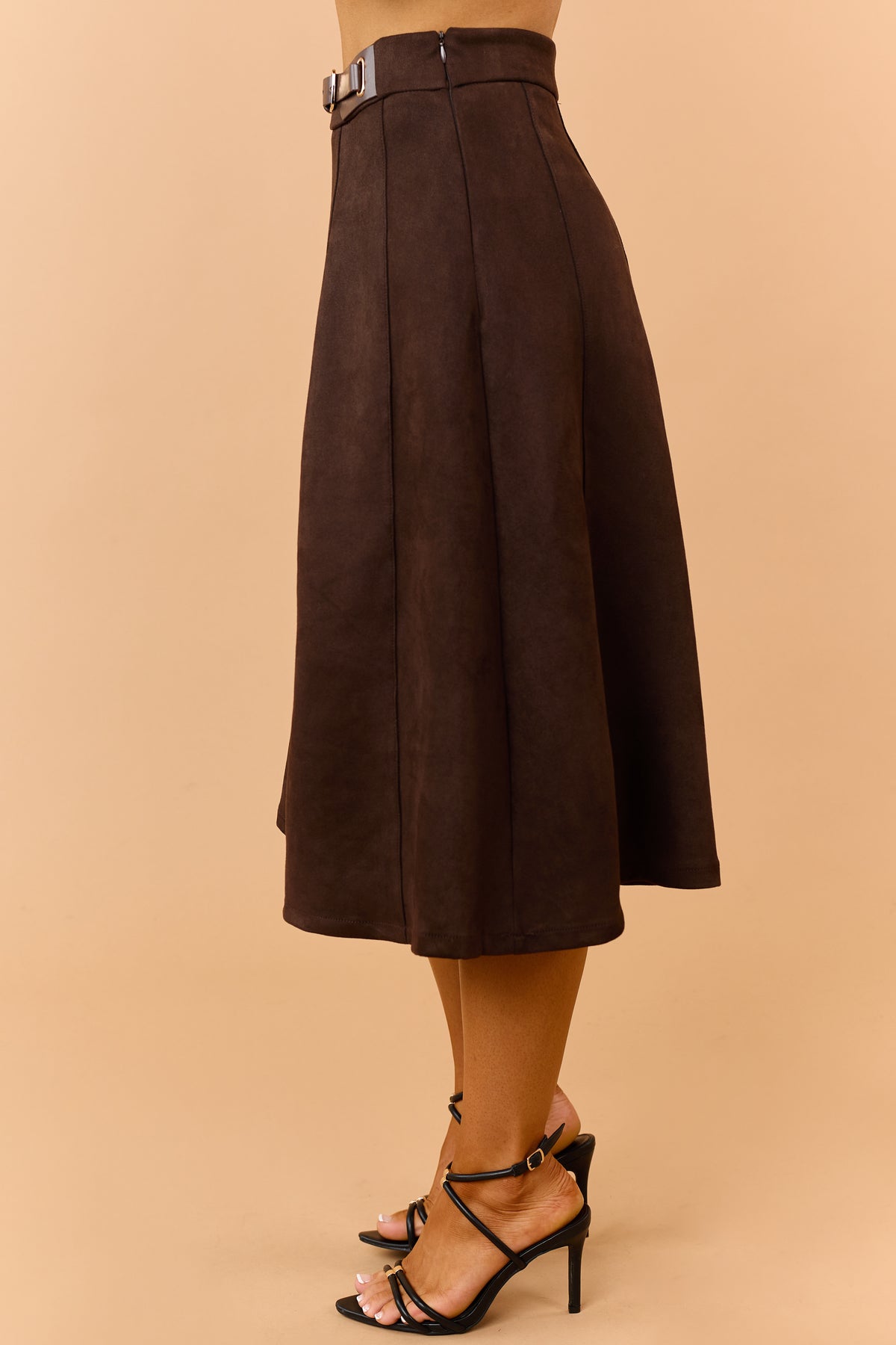 Chocolate Faux Suede Belted Midi Skirt
