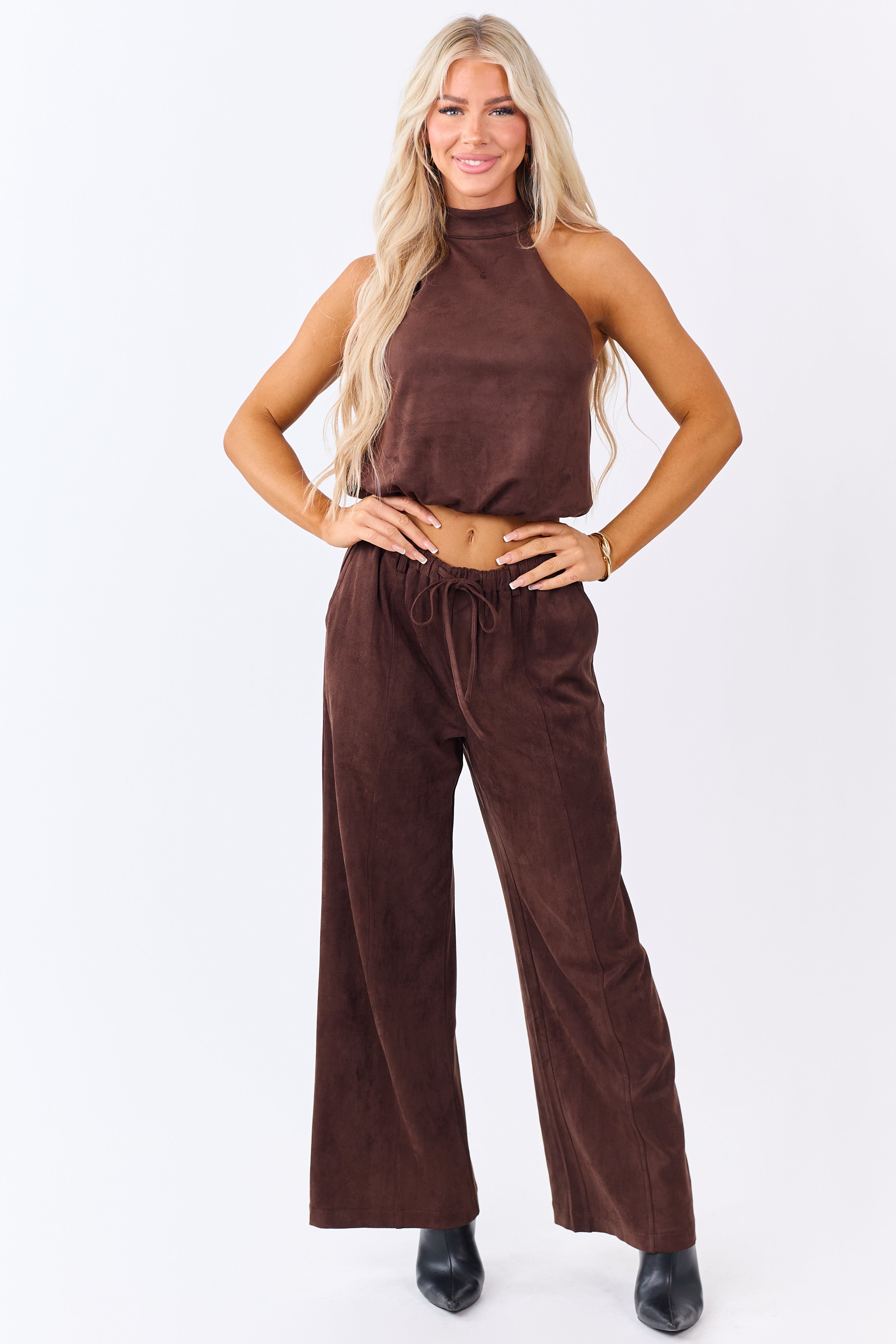 Chocolate Faux Suede Bubble Hem Halter Top