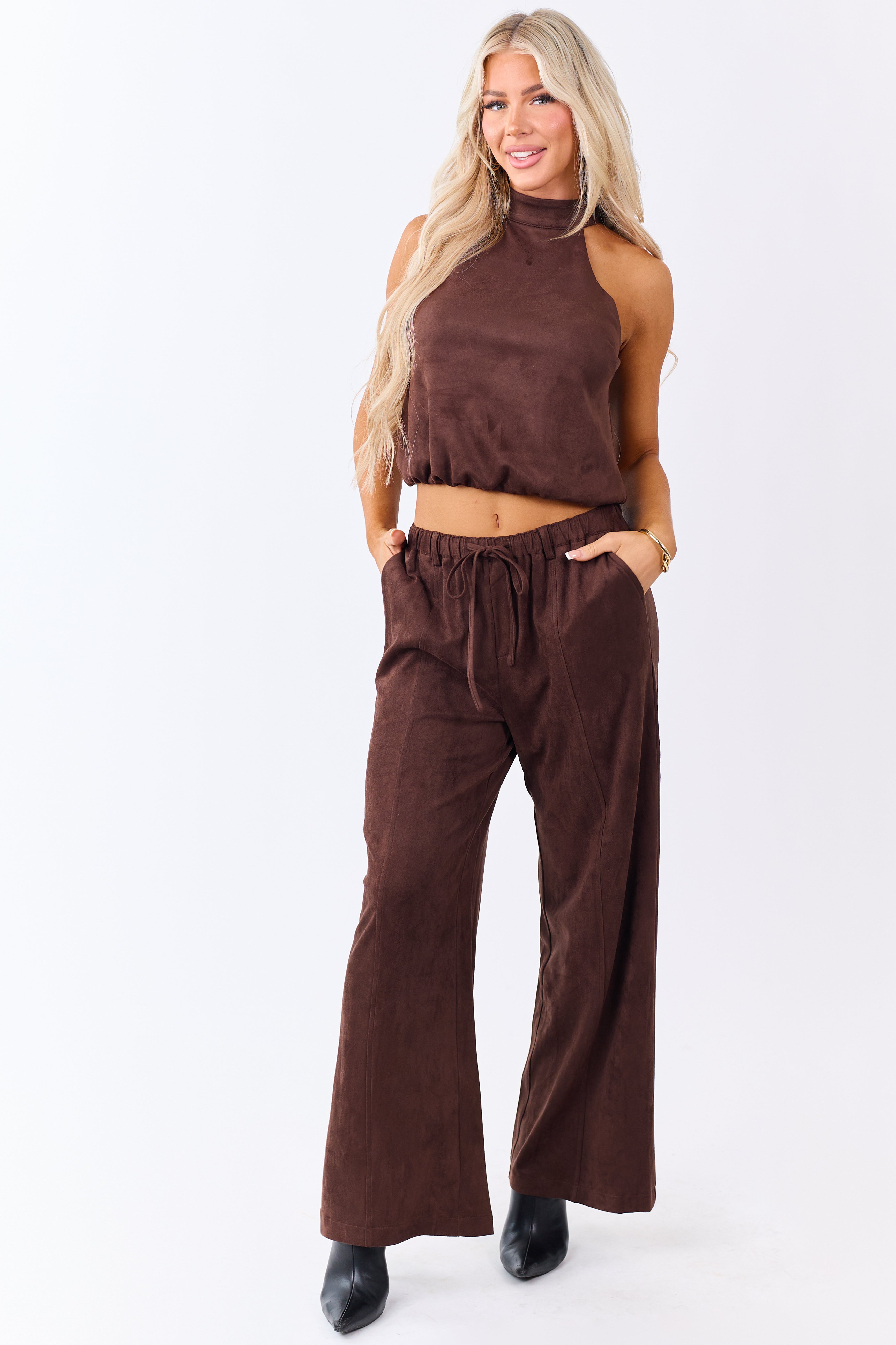Chocolate Faux Suede Bubble Hem Halter Top