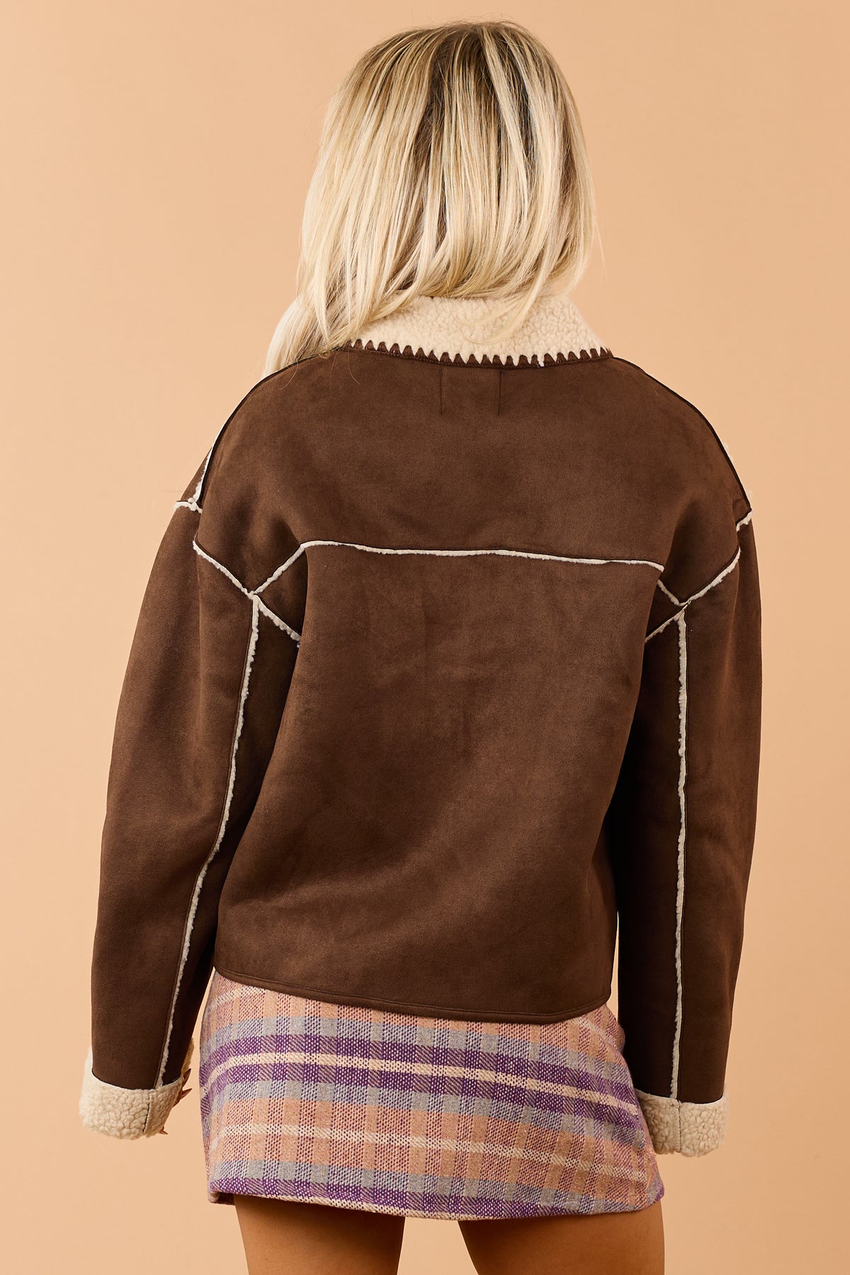 Chocolate Faux Suede Sherpa Lined Toggle Jacket