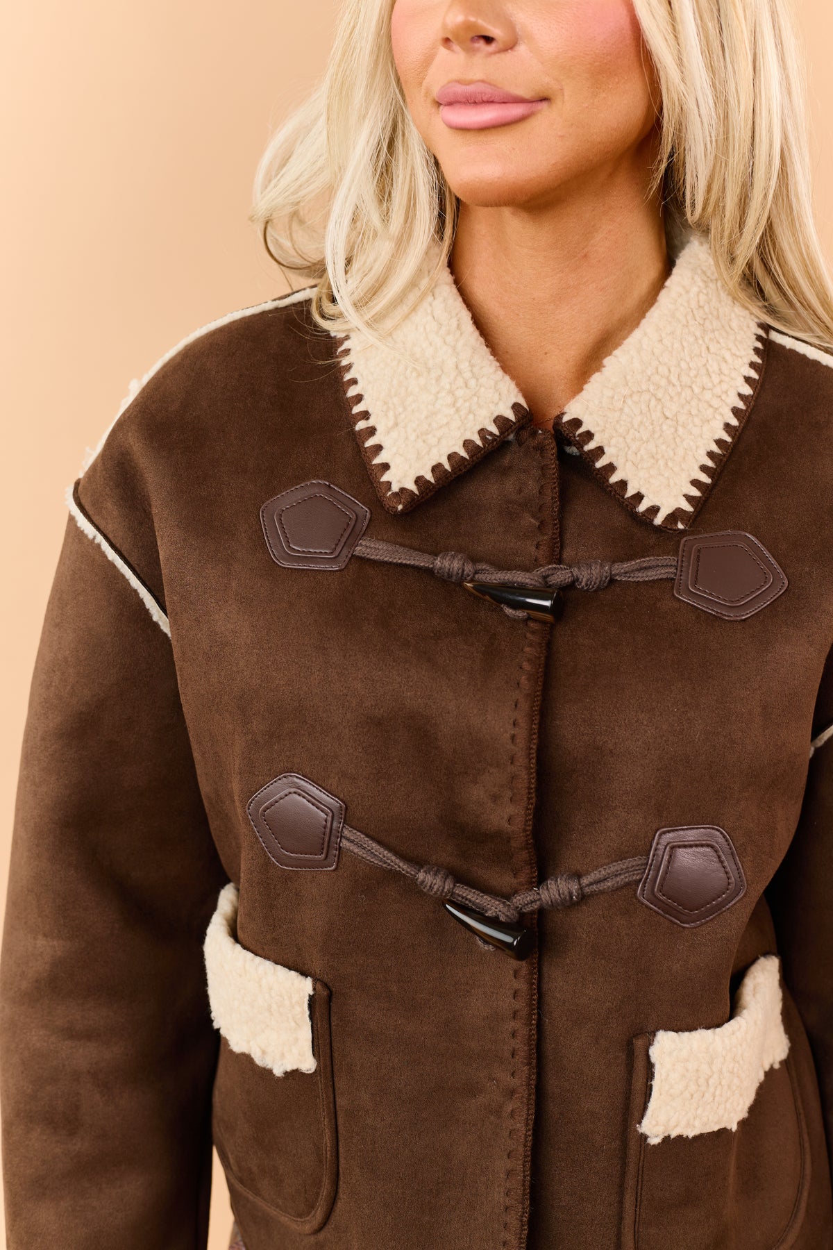 Chocolate Faux Suede Sherpa Lined Toggle Jacket