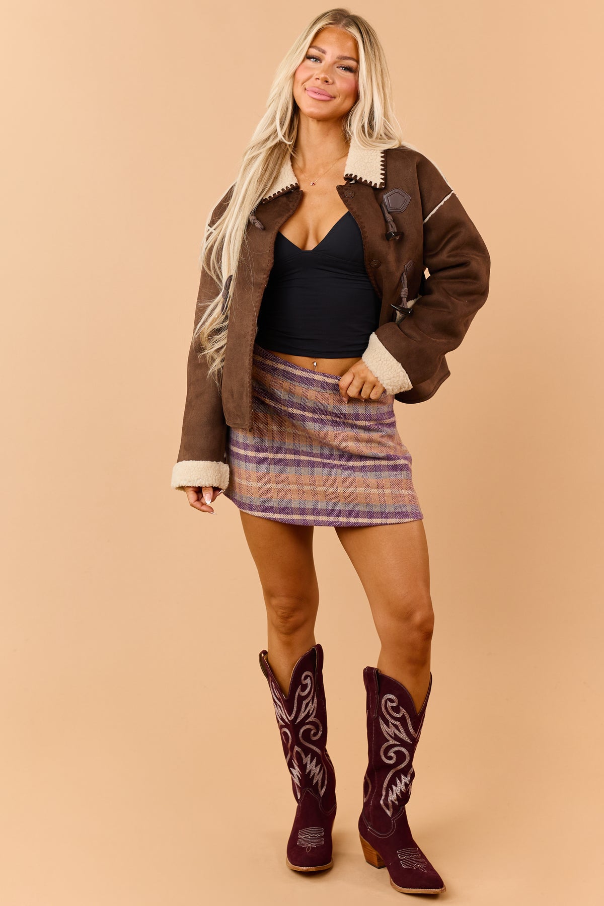 Chocolate Faux Suede Sherpa Lined Toggle Jacket