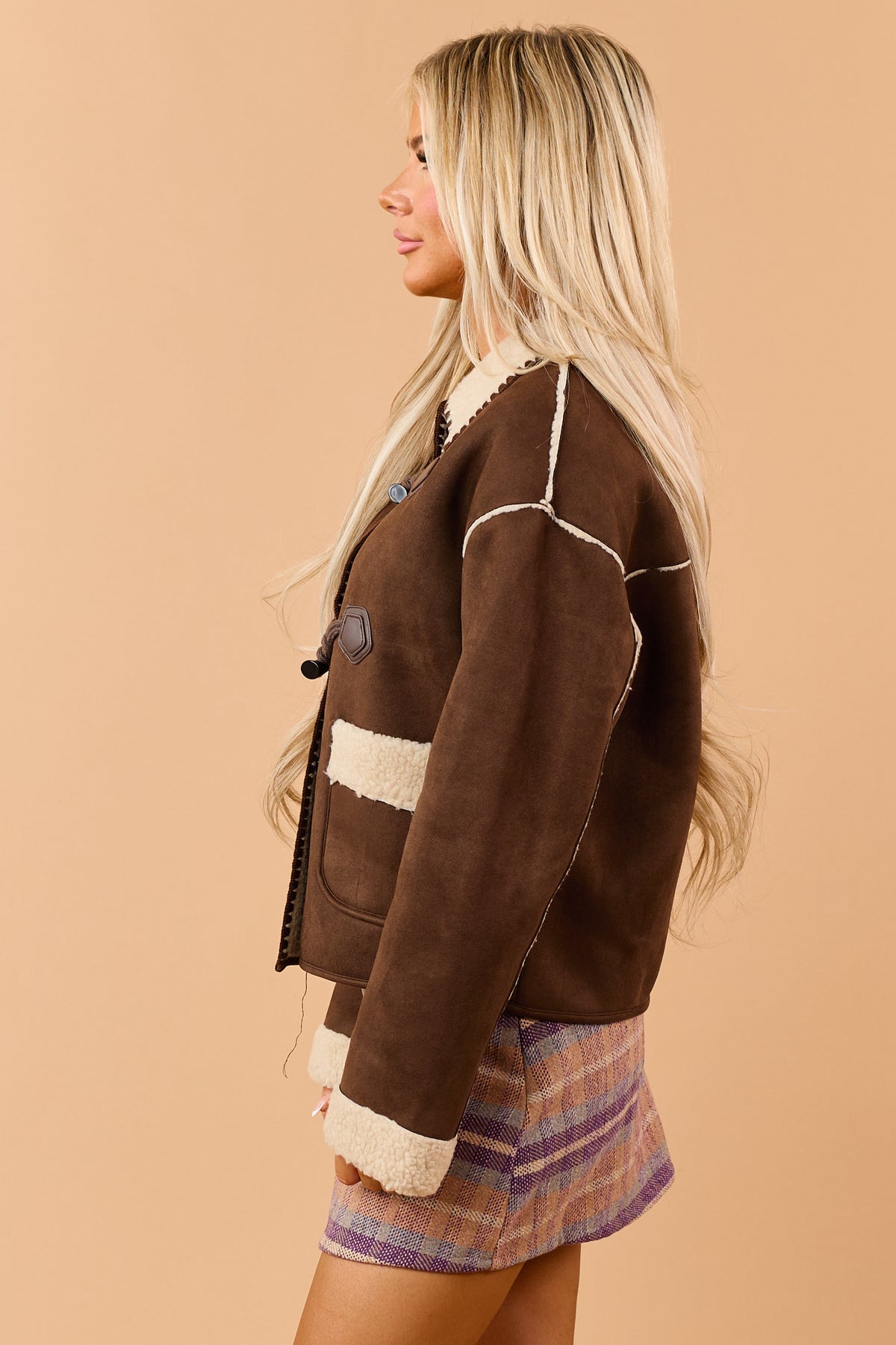 Chocolate Faux Suede Sherpa Lined Toggle Jacket