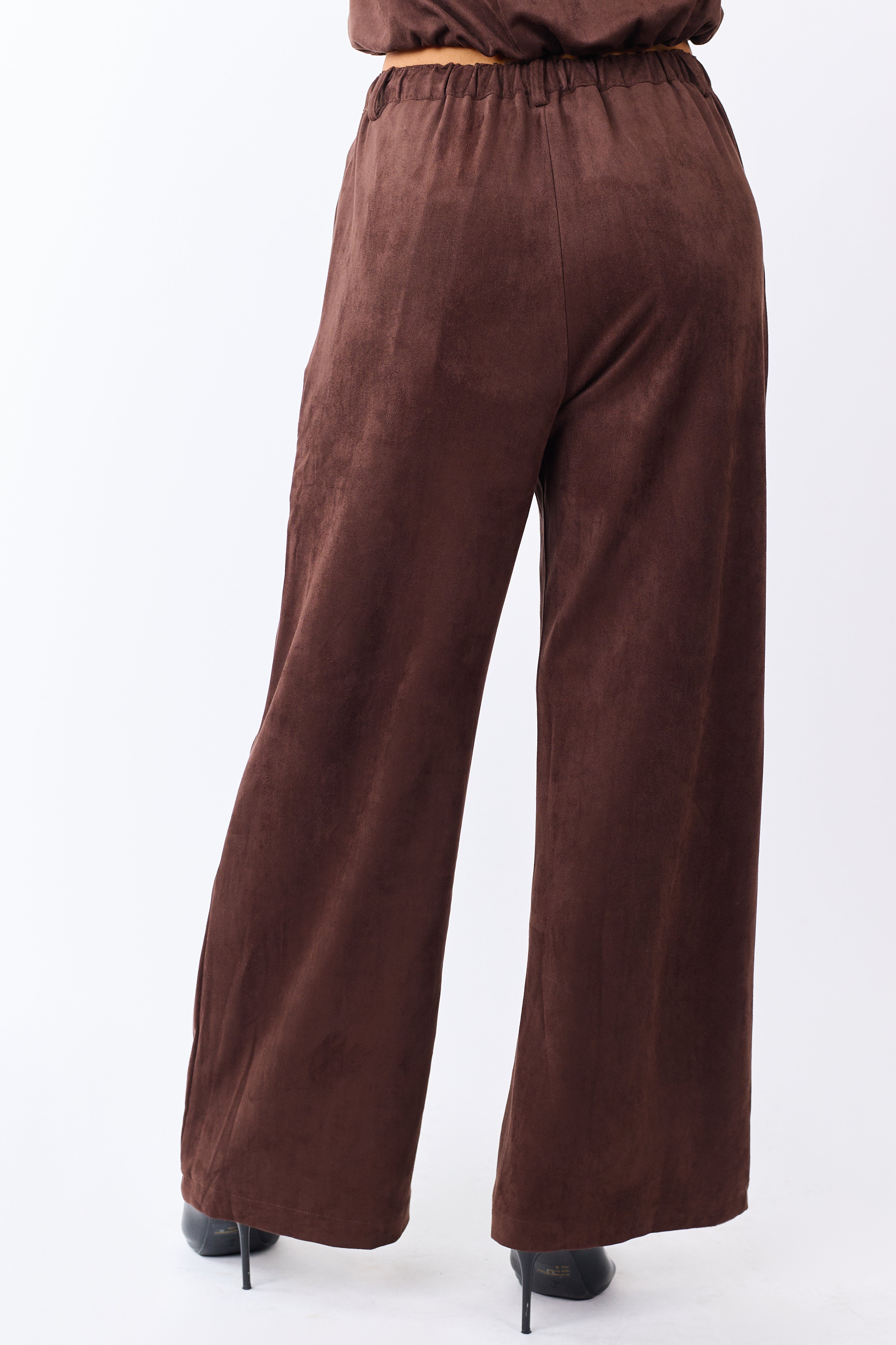 Chocolate Faux Suede Wide Leg Drawstring Pants