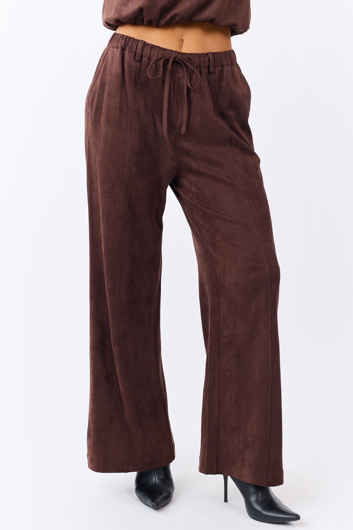 Chocolate Faux Suede Wide Leg Drawstring Pants
