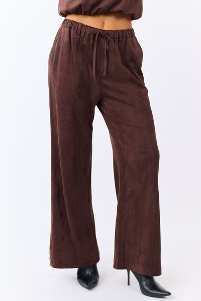 Chocolate Faux Suede Wide Leg Drawstring Pants