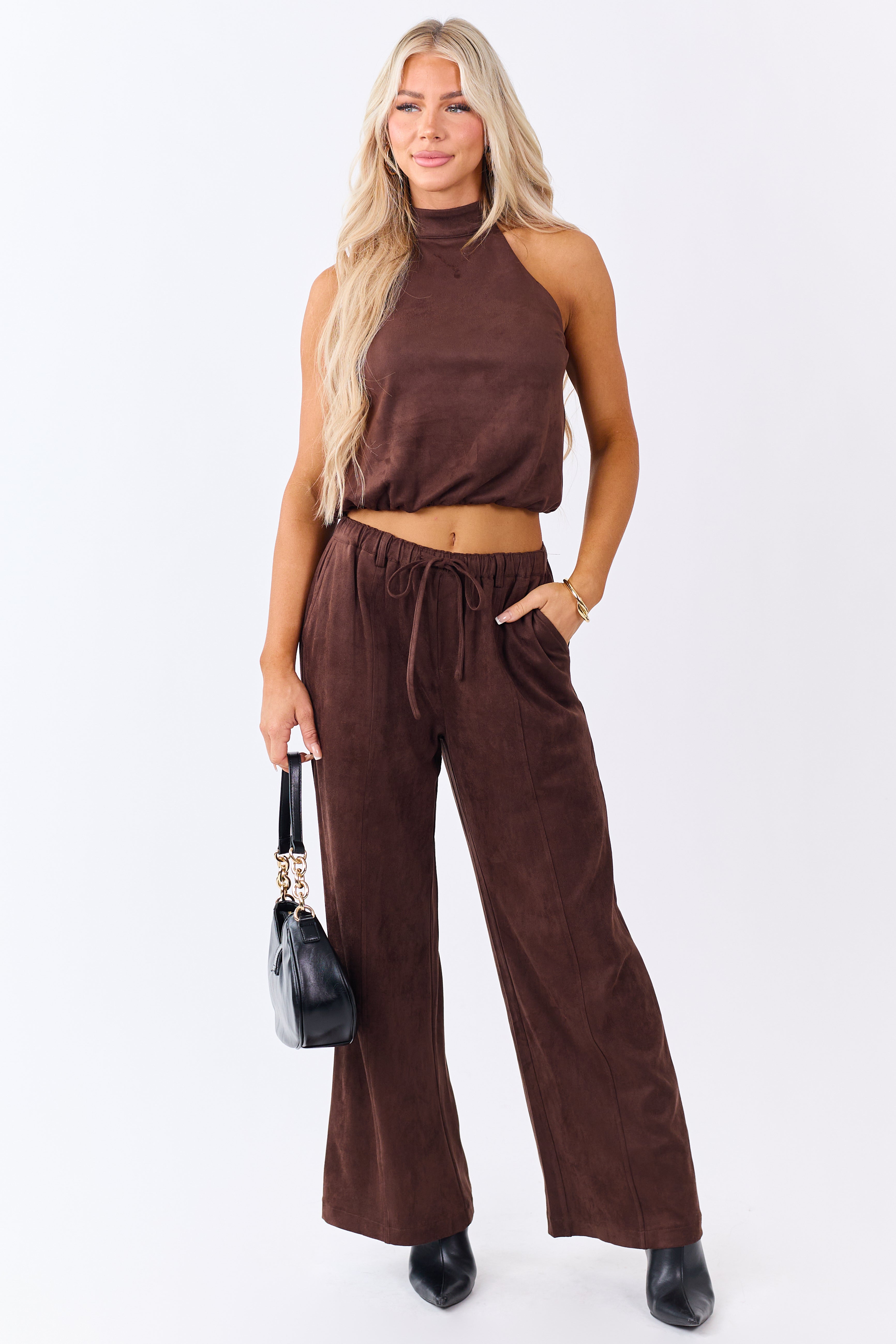 Chocolate Faux Suede Wide Leg Drawstring Pants