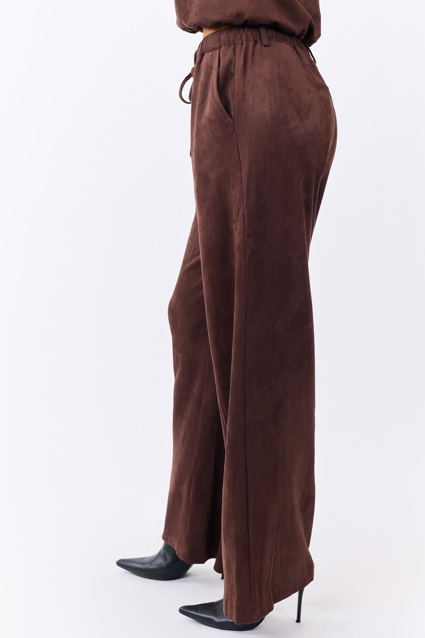 Chocolate Faux Suede Wide Leg Drawstring Pants