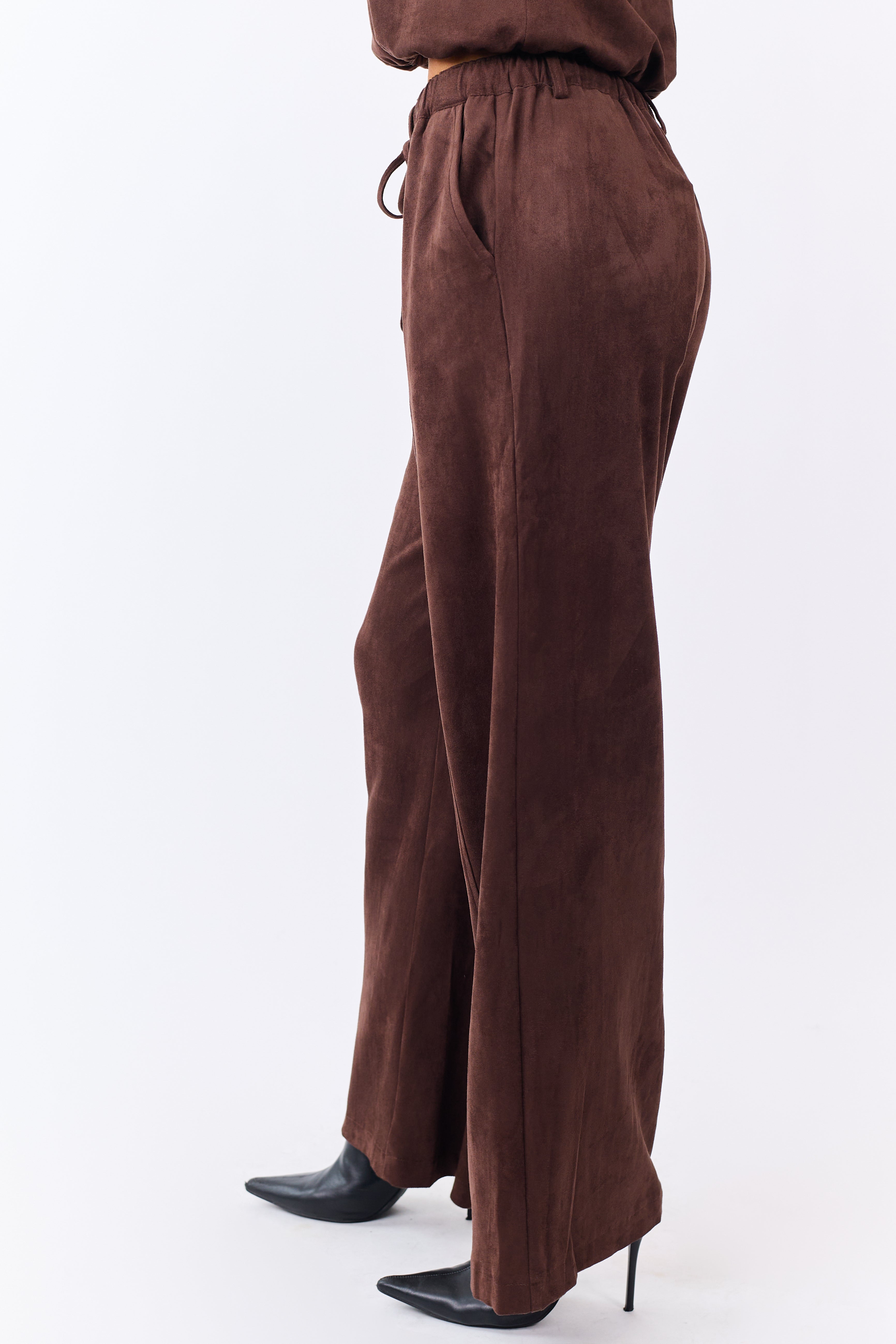 Chocolate Faux Suede Wide Leg Drawstring Pants
