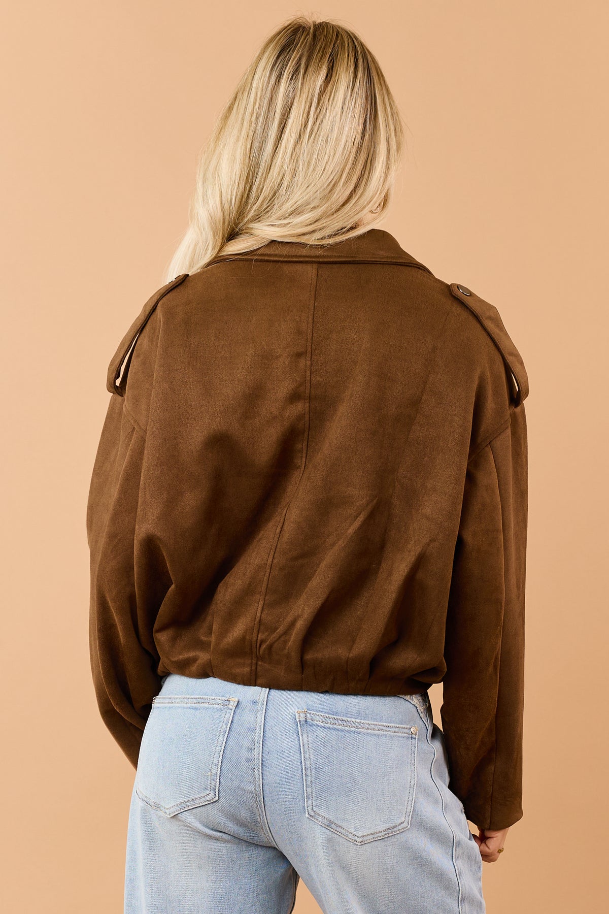 Chocolate Faux Suede Zip Up Bomber Jacket