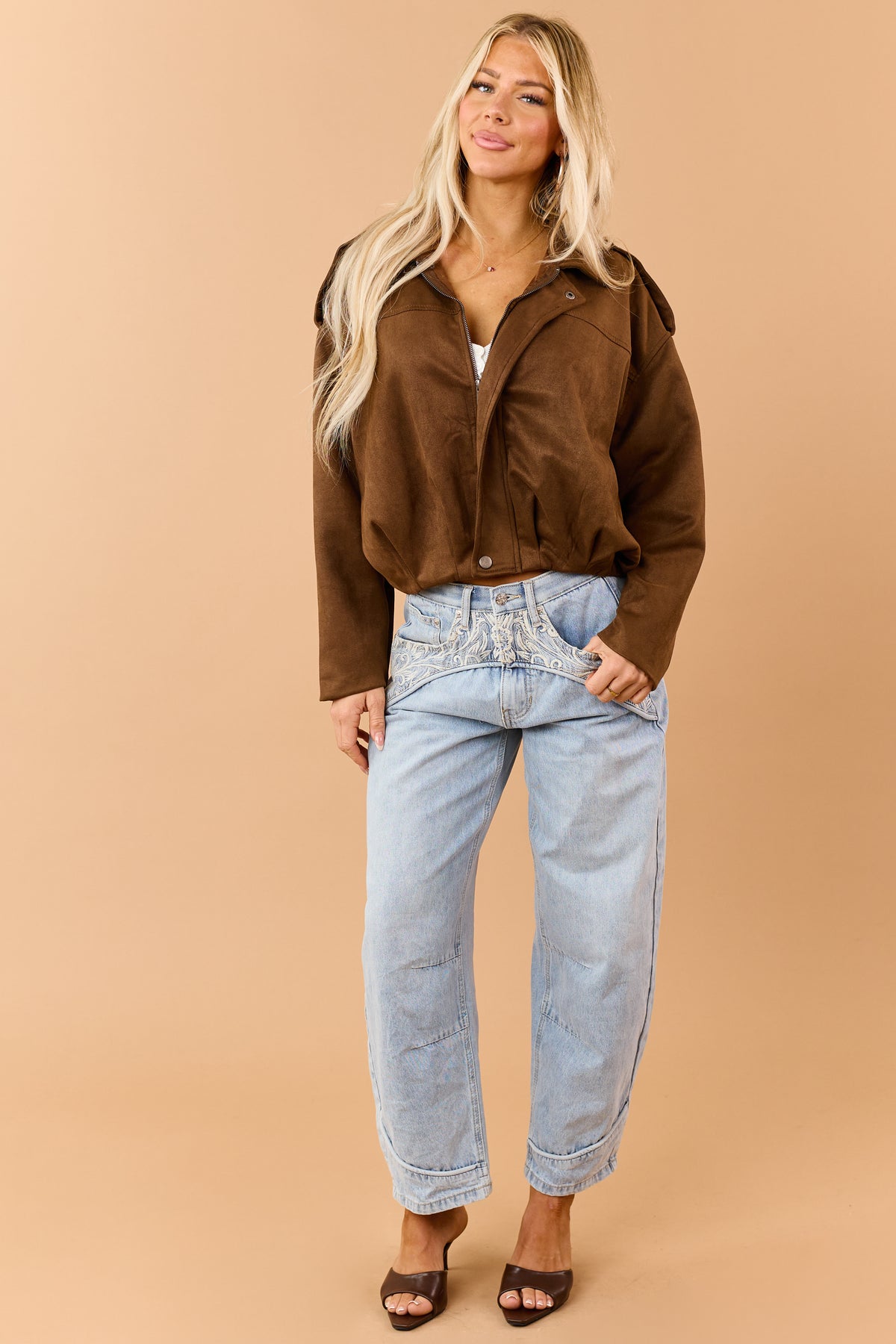Chocolate Faux Suede Zip Up Bomber Jacket