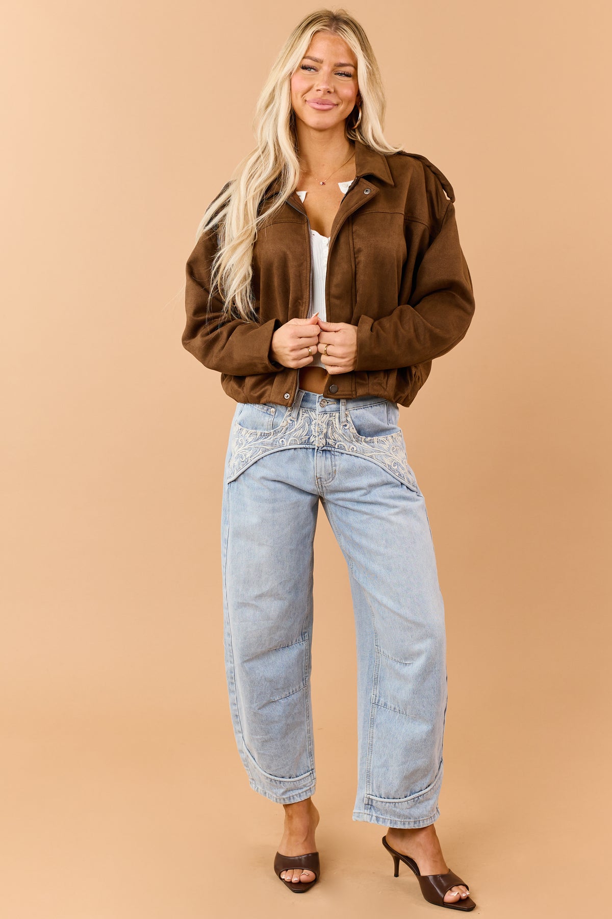 Chocolate Faux Suede Zip Up Bomber Jacket