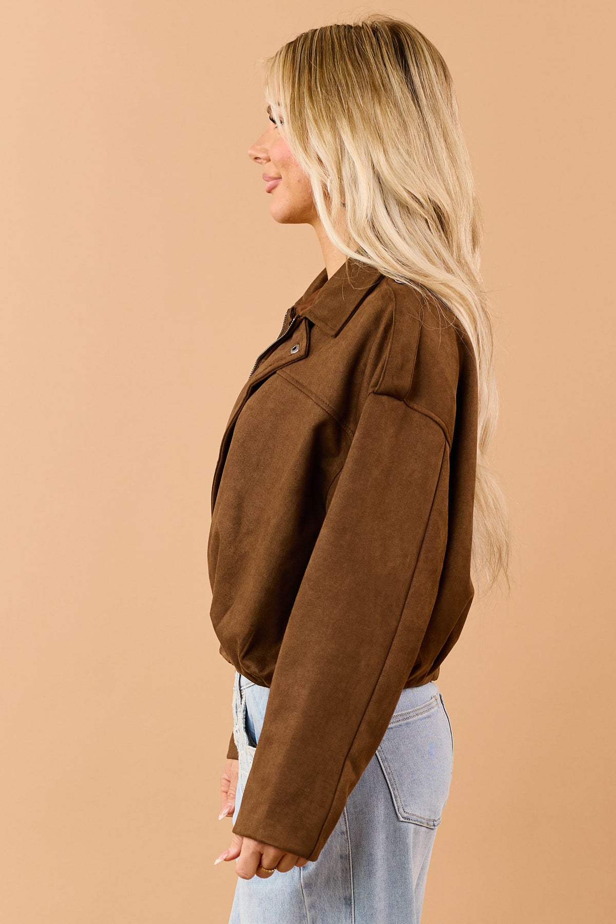 Chocolate Faux Suede Zip Up Bomber Jacket