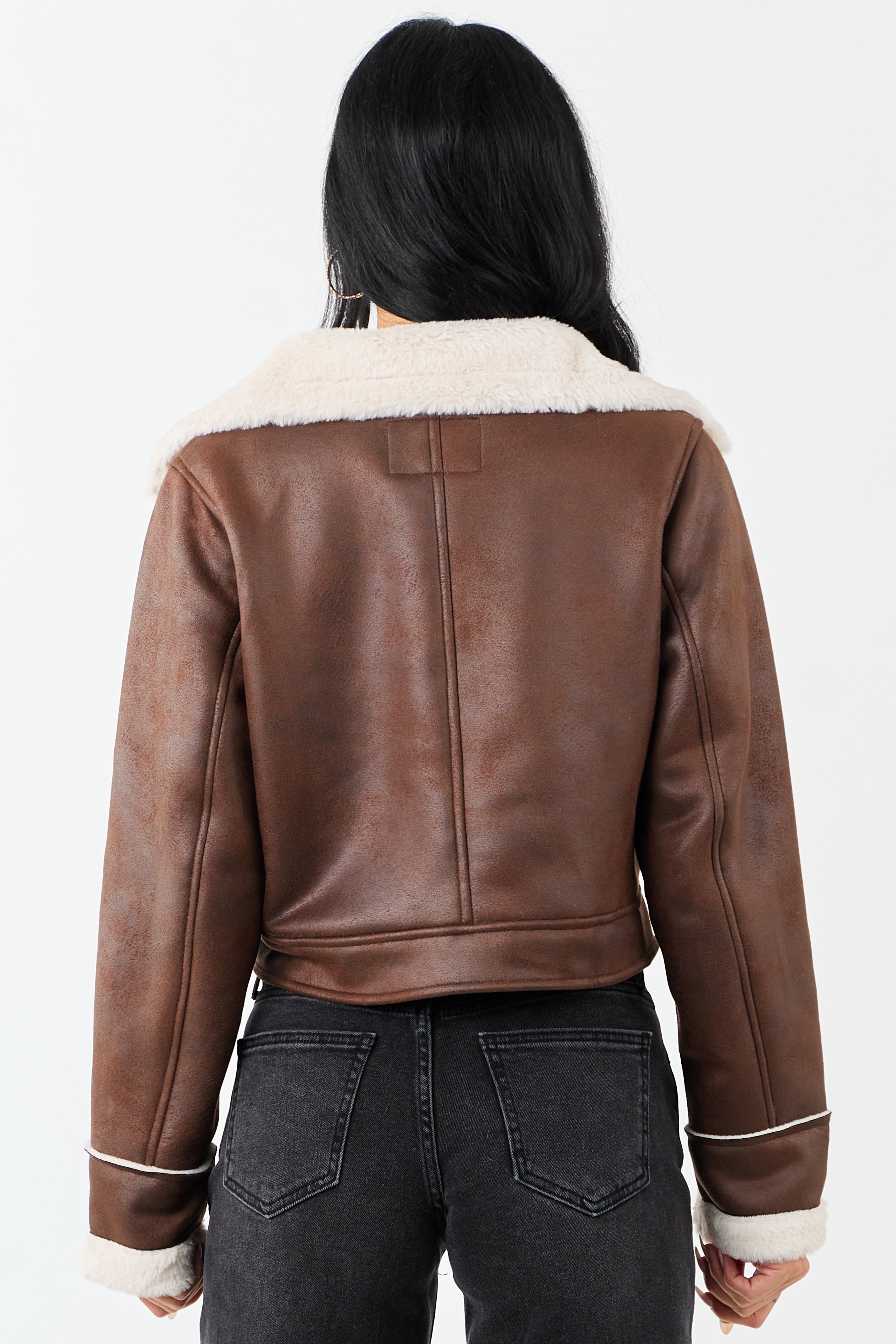 Chocolate Faux Suede Zip Up Faux Fur Lined Jacket