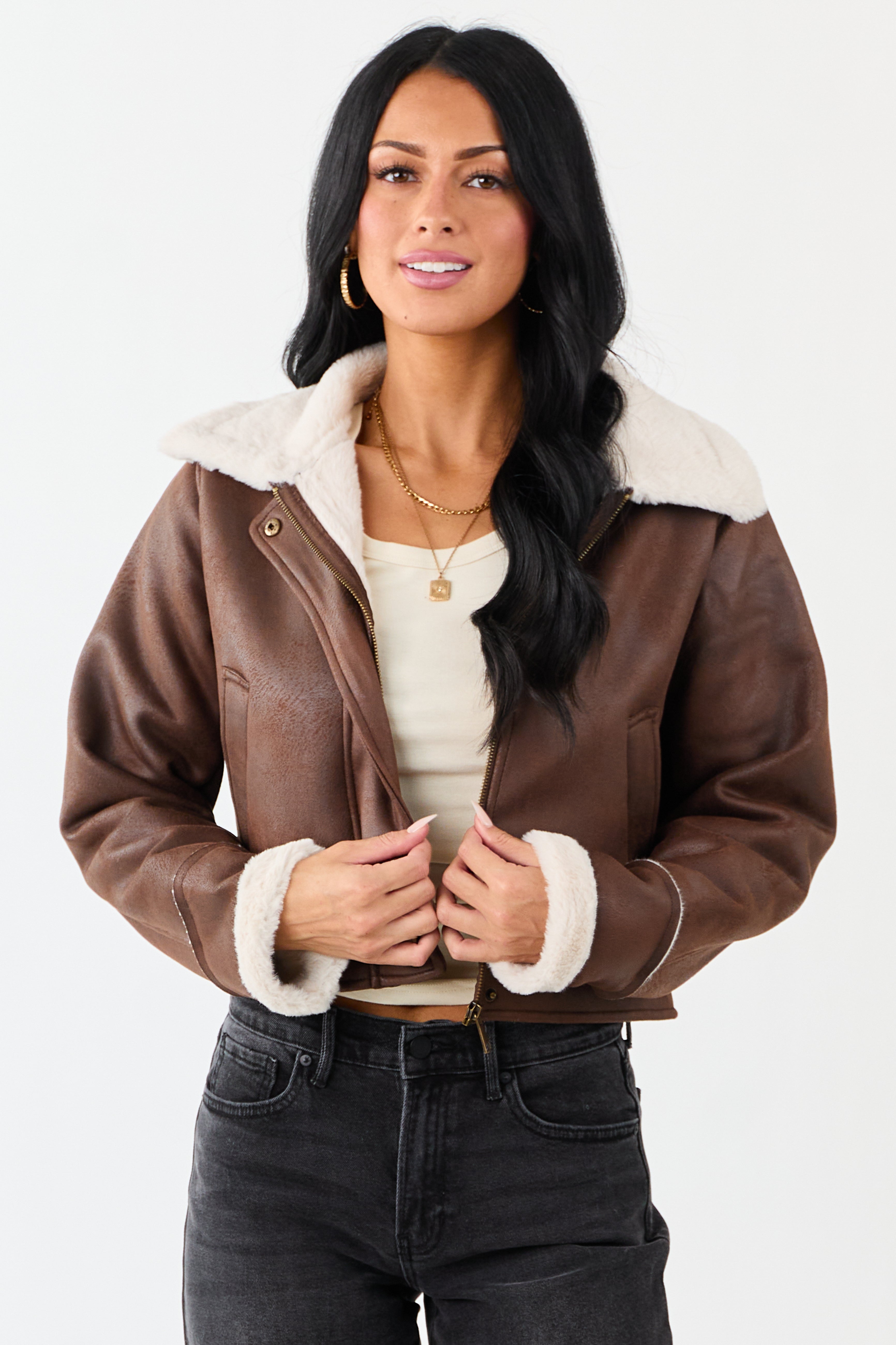 Chocolate Faux Suede Zip Up Faux Fur Lined Jacket | Lime Lush Boutique