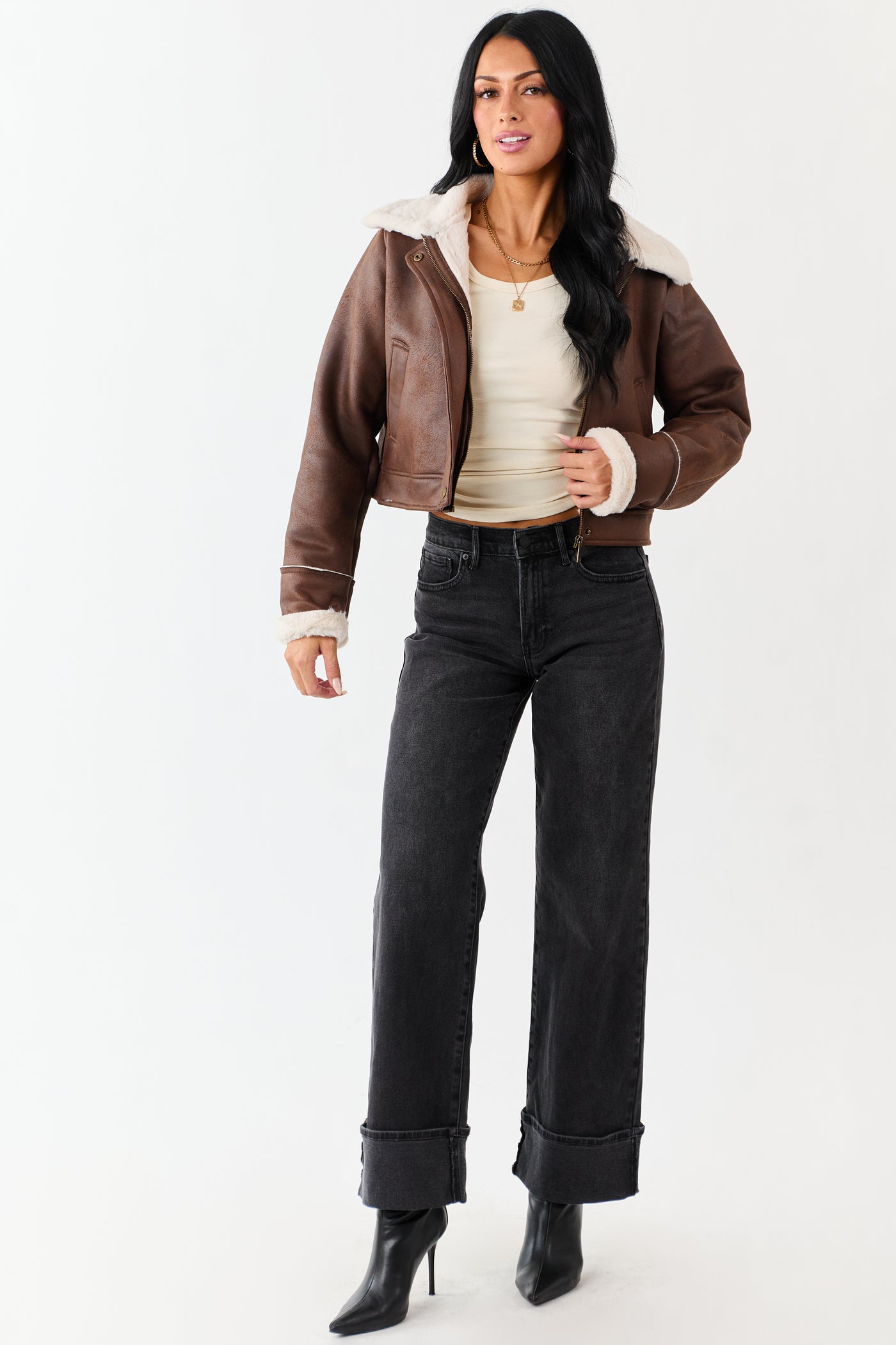 Chocolate Faux Suede Zip Up Faux Fur Lined Jacket