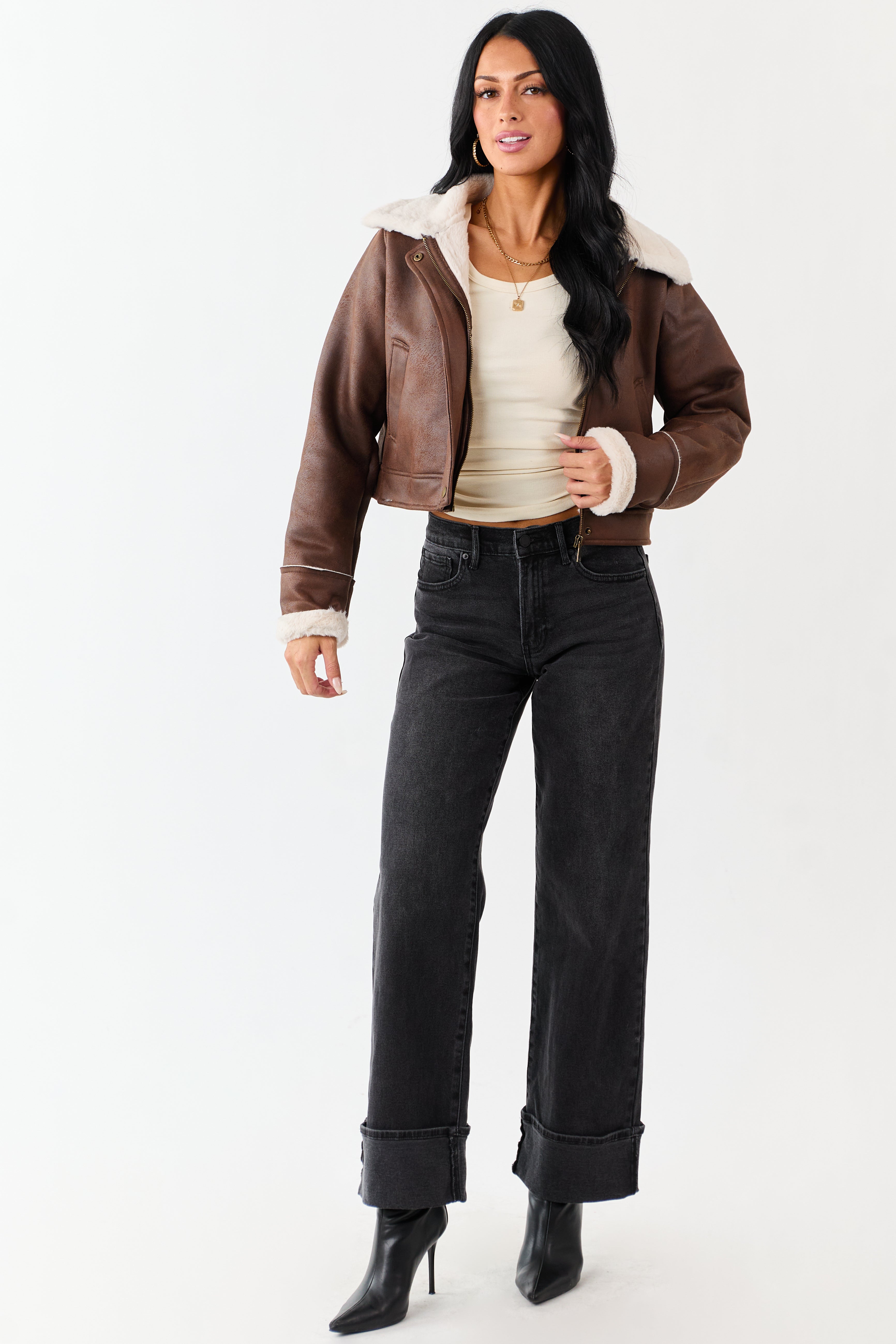 Chocolate Faux Suede Zip Up Faux Fur Lined Jacket