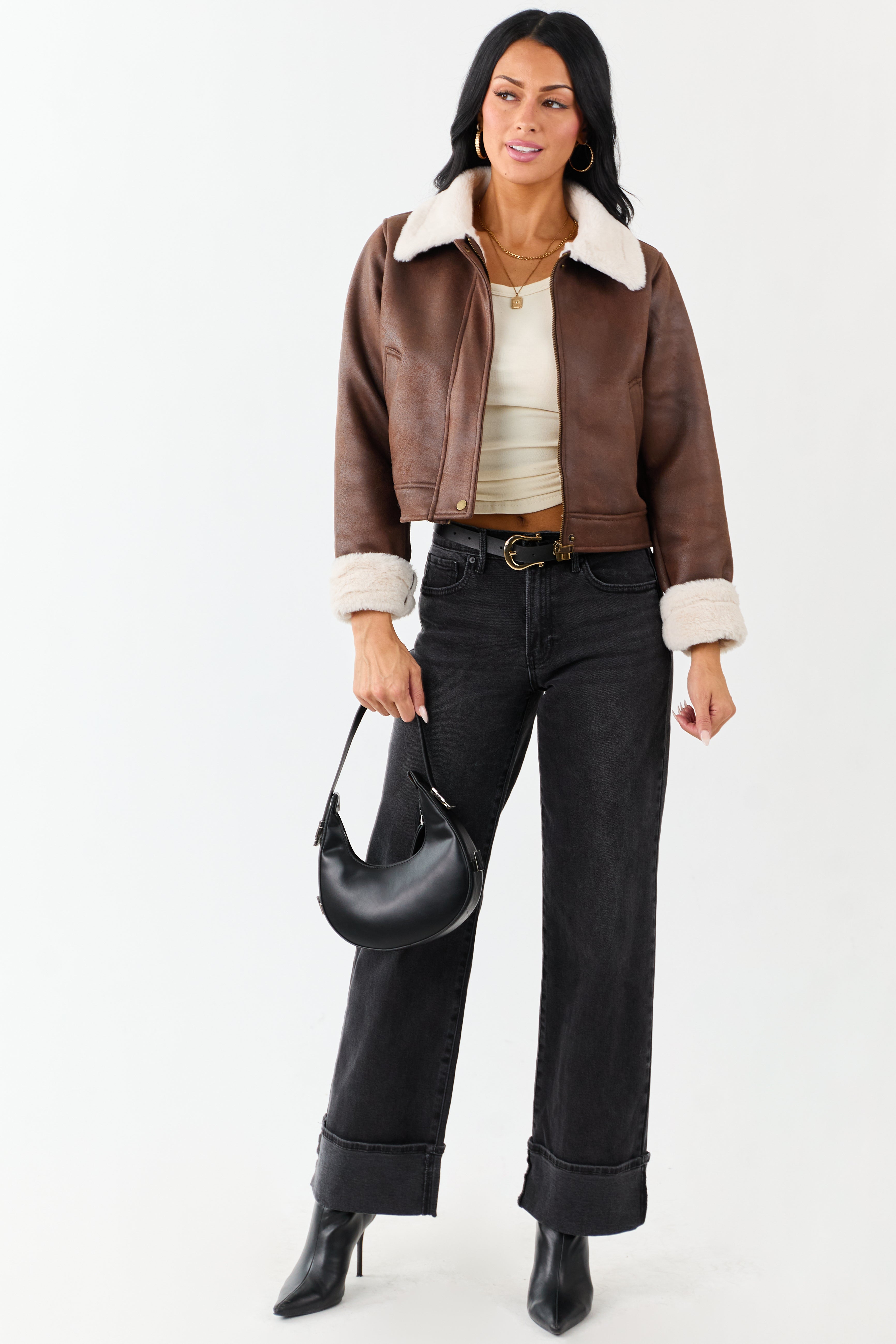 Chocolate Faux Suede Zip Up Faux Fur Lined Jacket
