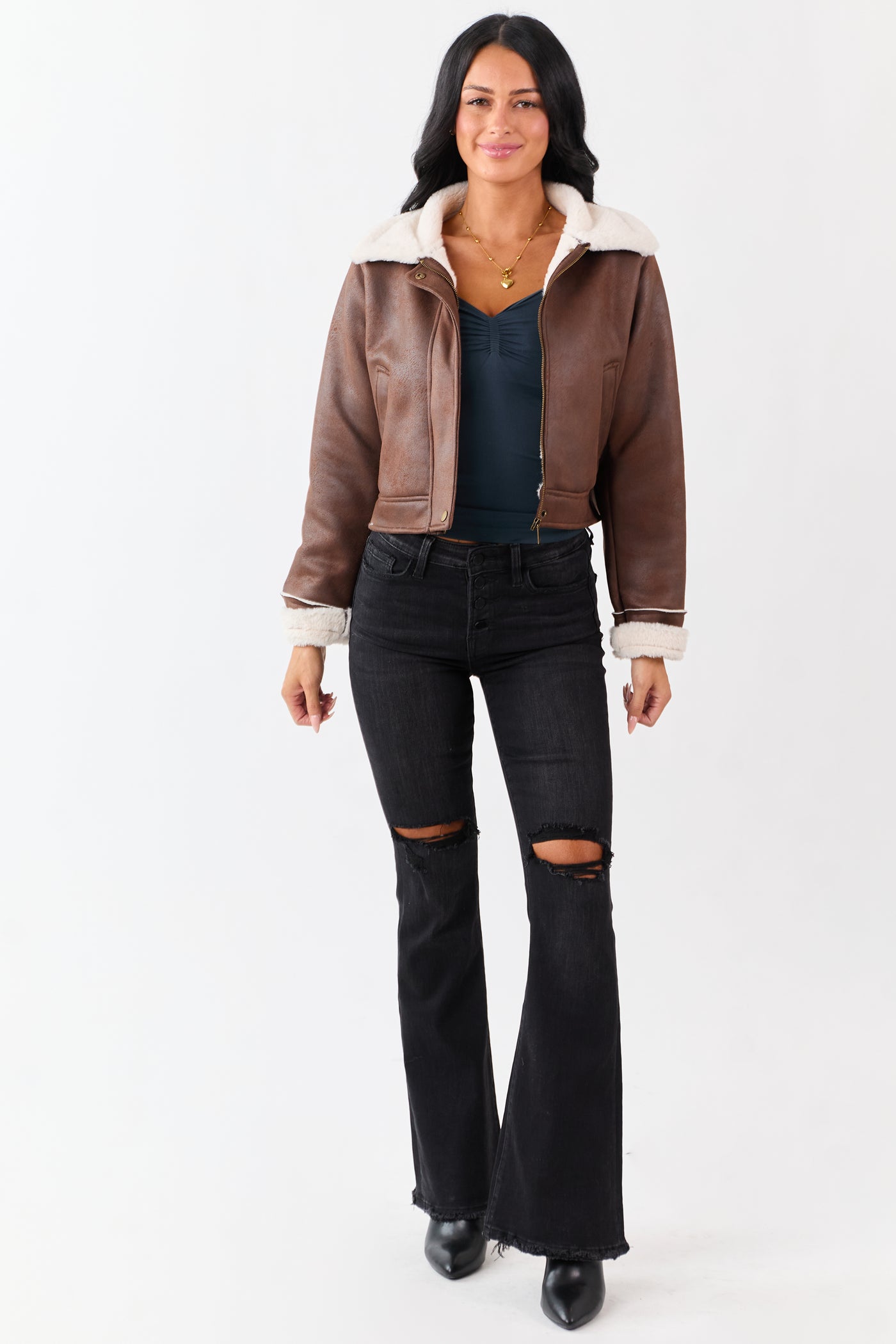 Chocolate Faux Suede Zip Up Faux Fur Lined Jacket