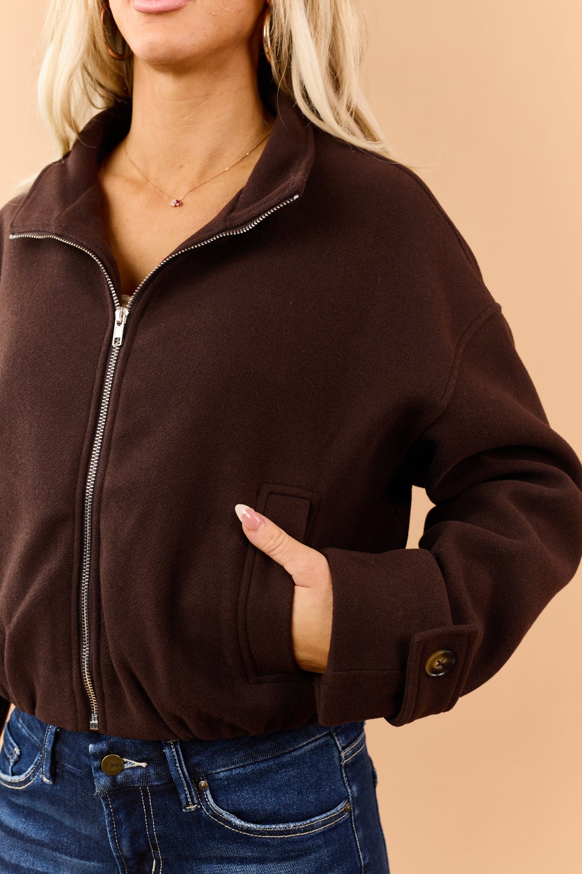 Chocolate Fleece Zip Up Mock Neck Jacket