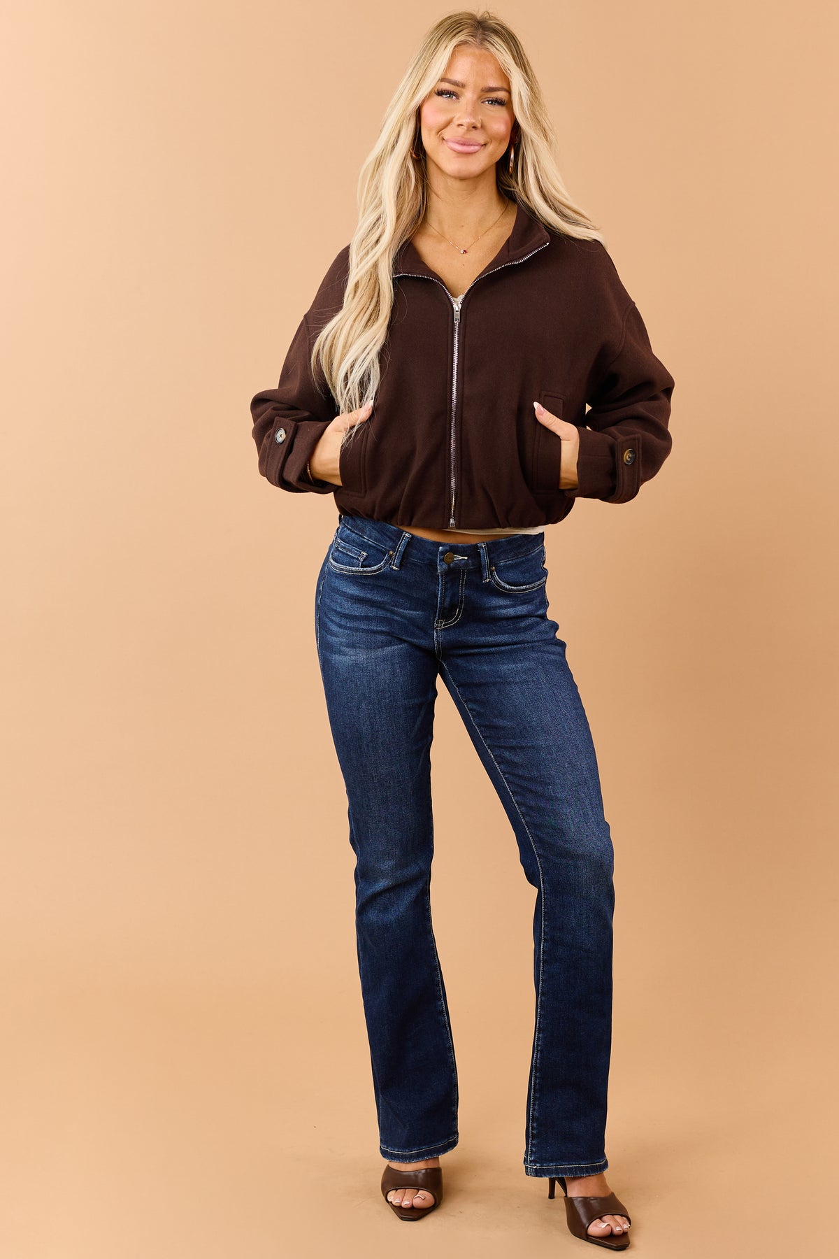 Chocolate Fleece Zip Up Mock Neck Jacket