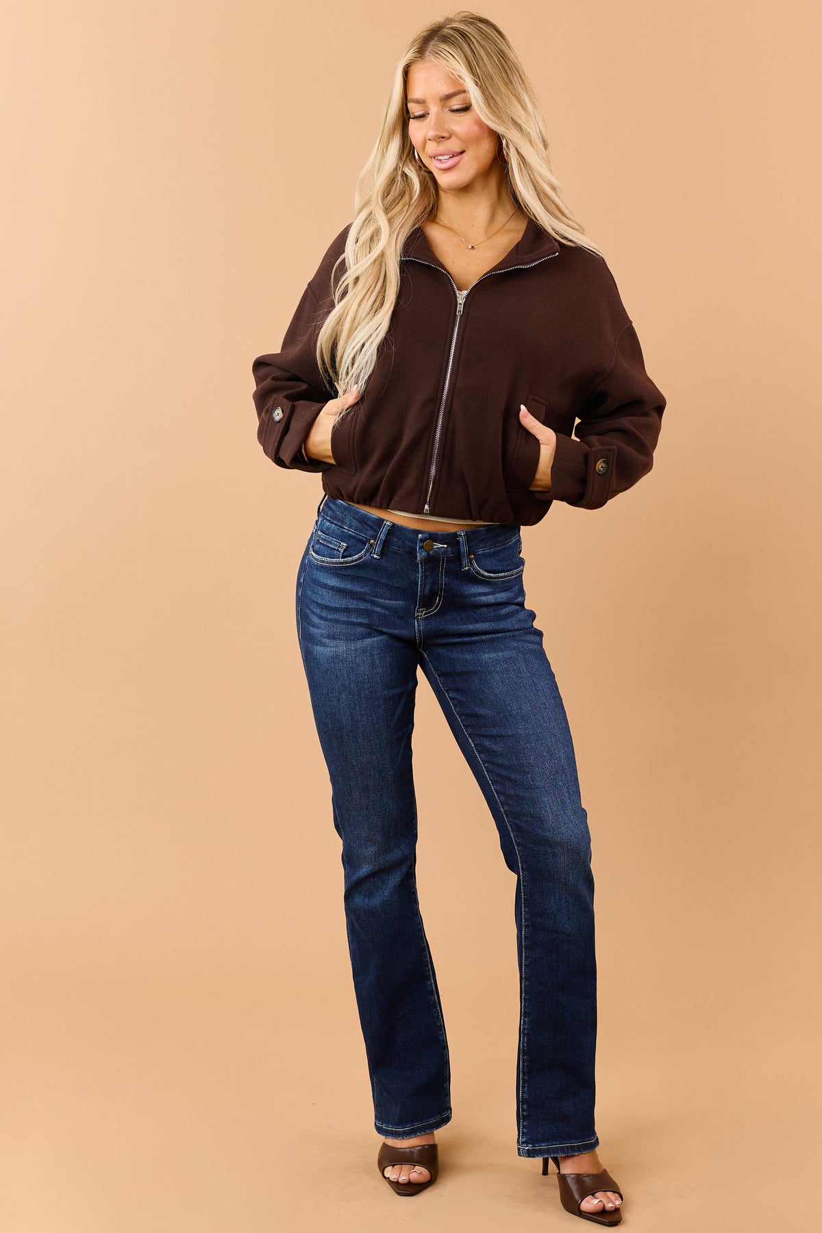 Chocolate Fleece Zip Up Mock Neck Jacket