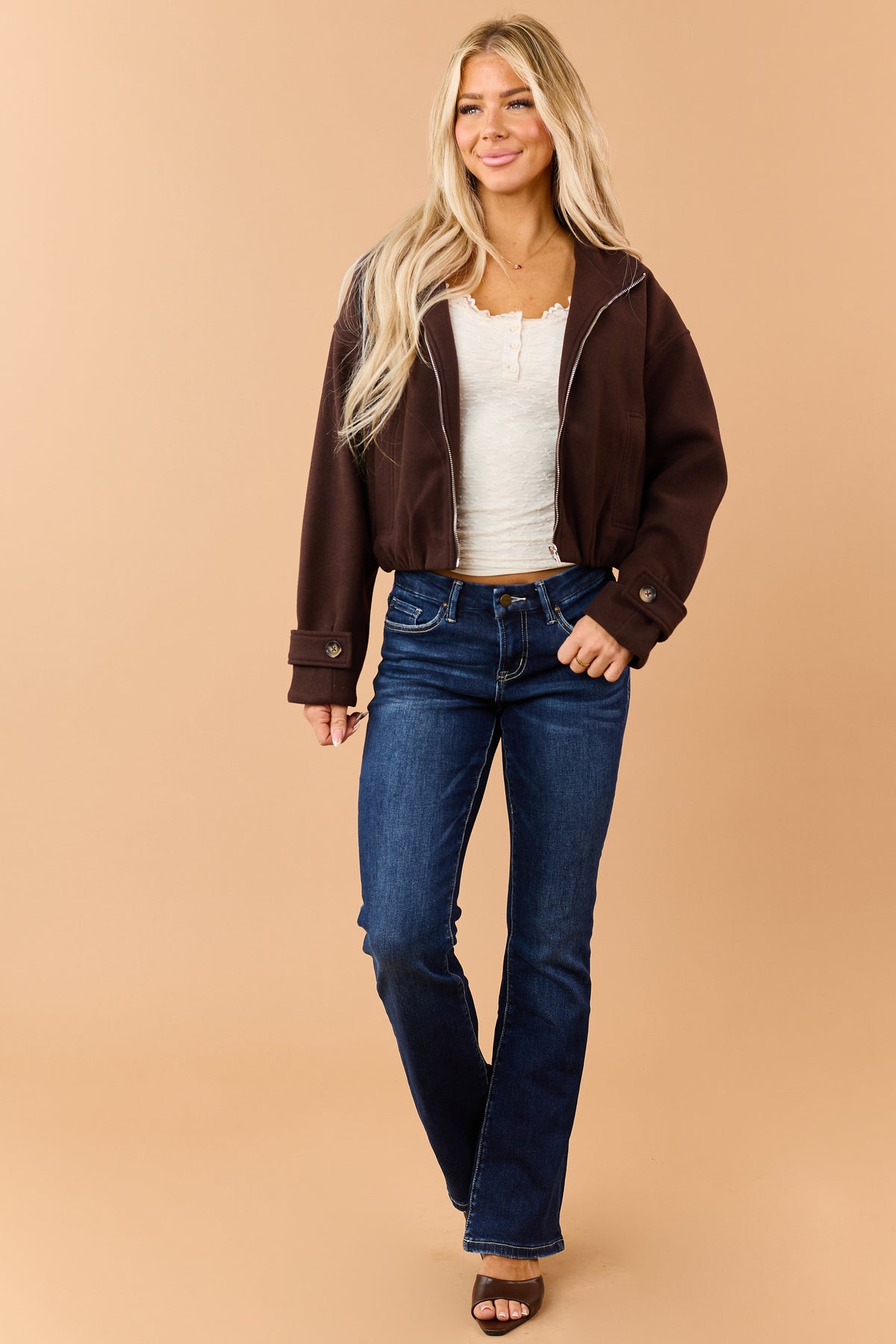 Chocolate Fleece Zip Up Mock Neck Jacket