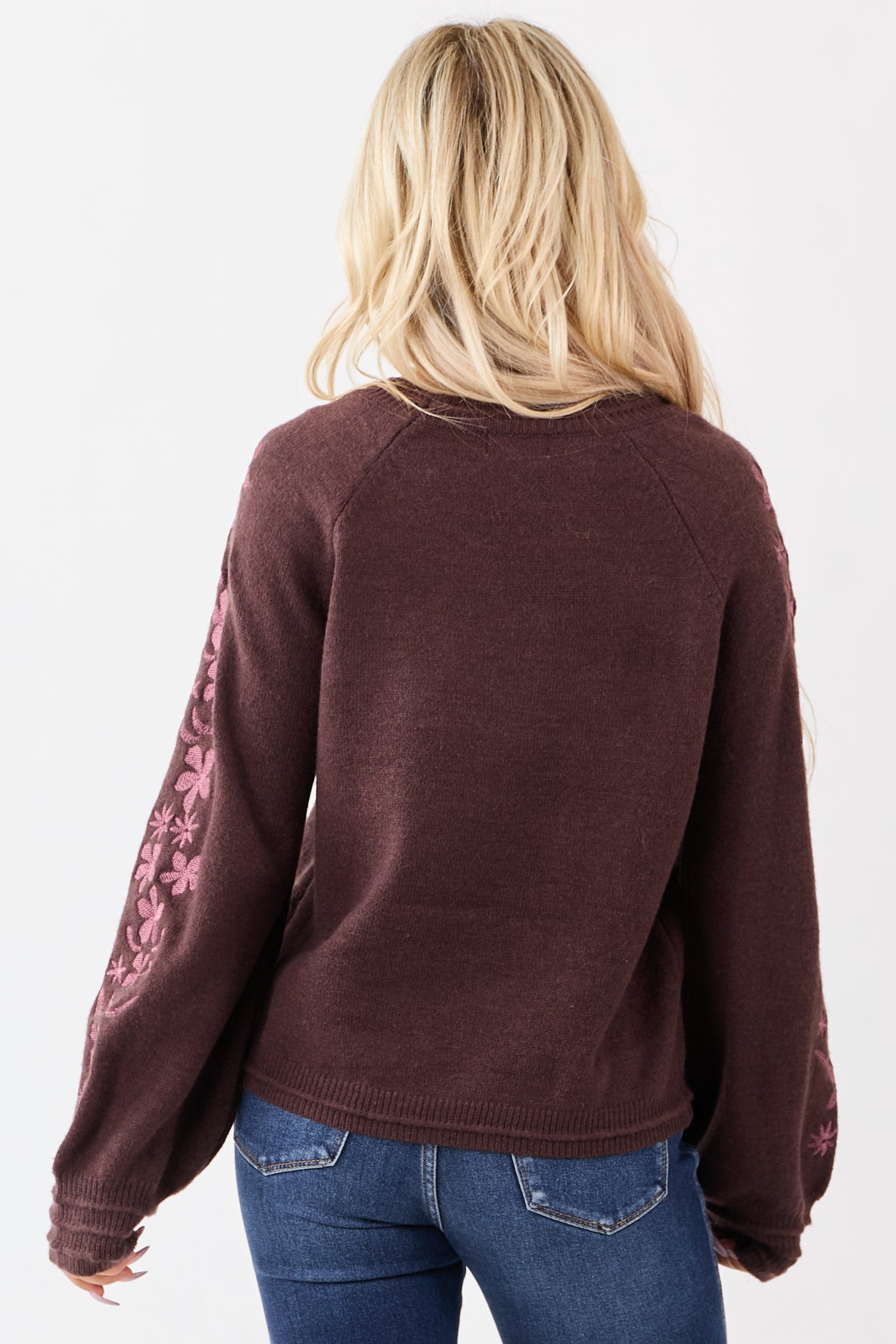 Chocolate Floral Embroidered Long Sleeve Sweater