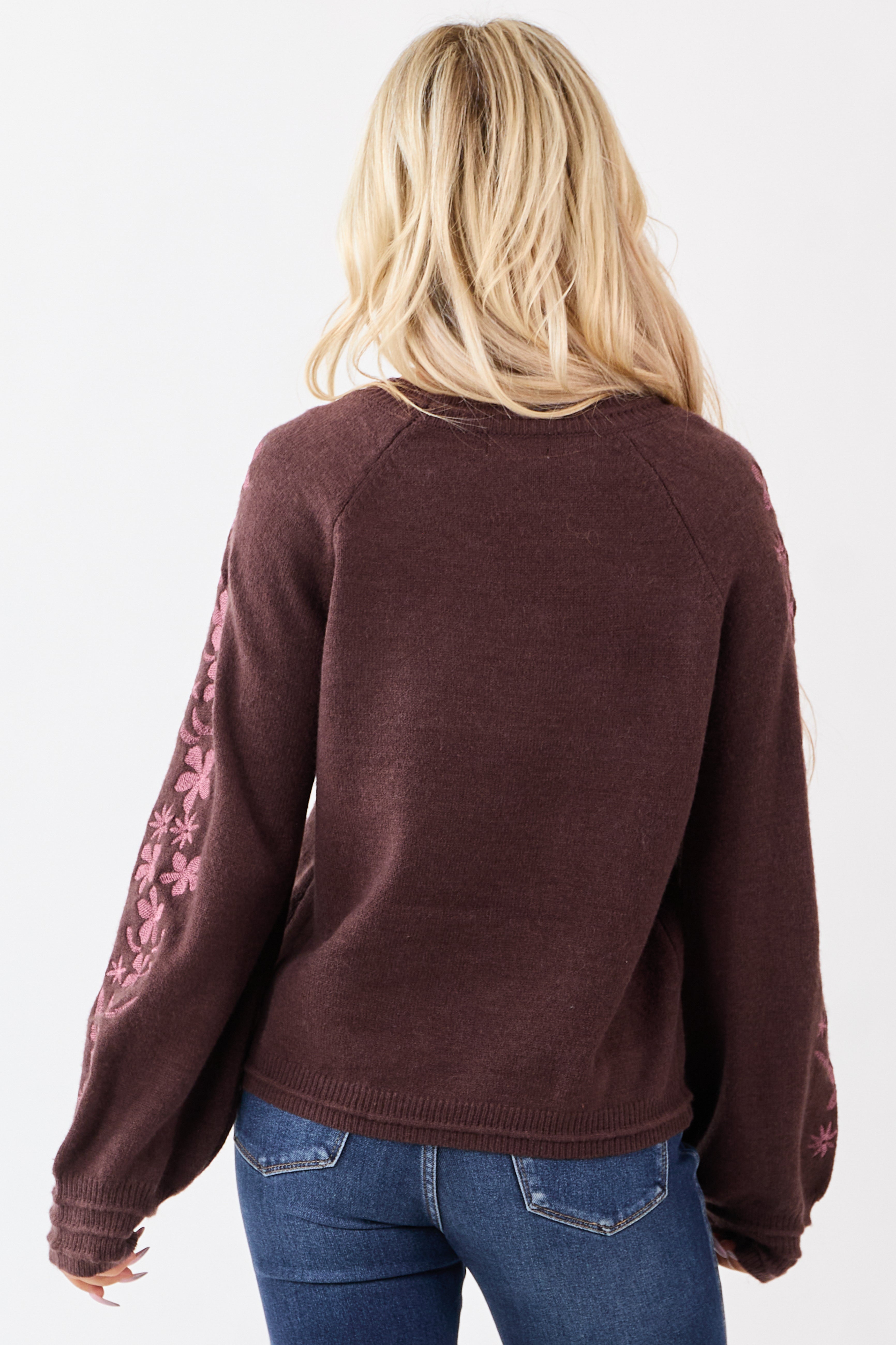 Chocolate Floral Embroidered Long Sleeve Sweater