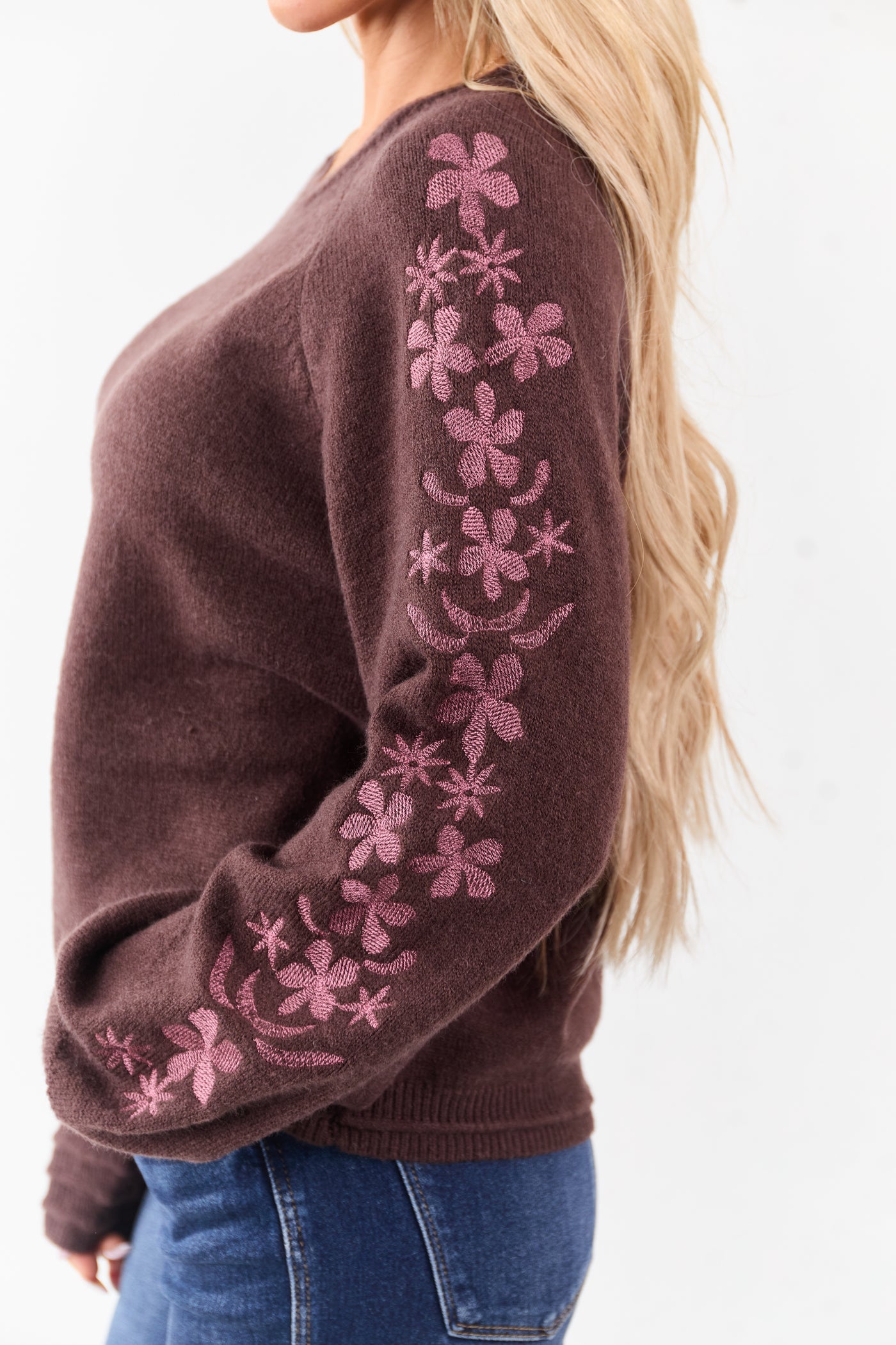 Chocolate Floral Embroidered Long Sleeve Sweater