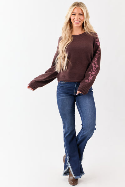 Chocolate Floral Embroidered Long Sleeve Sweater