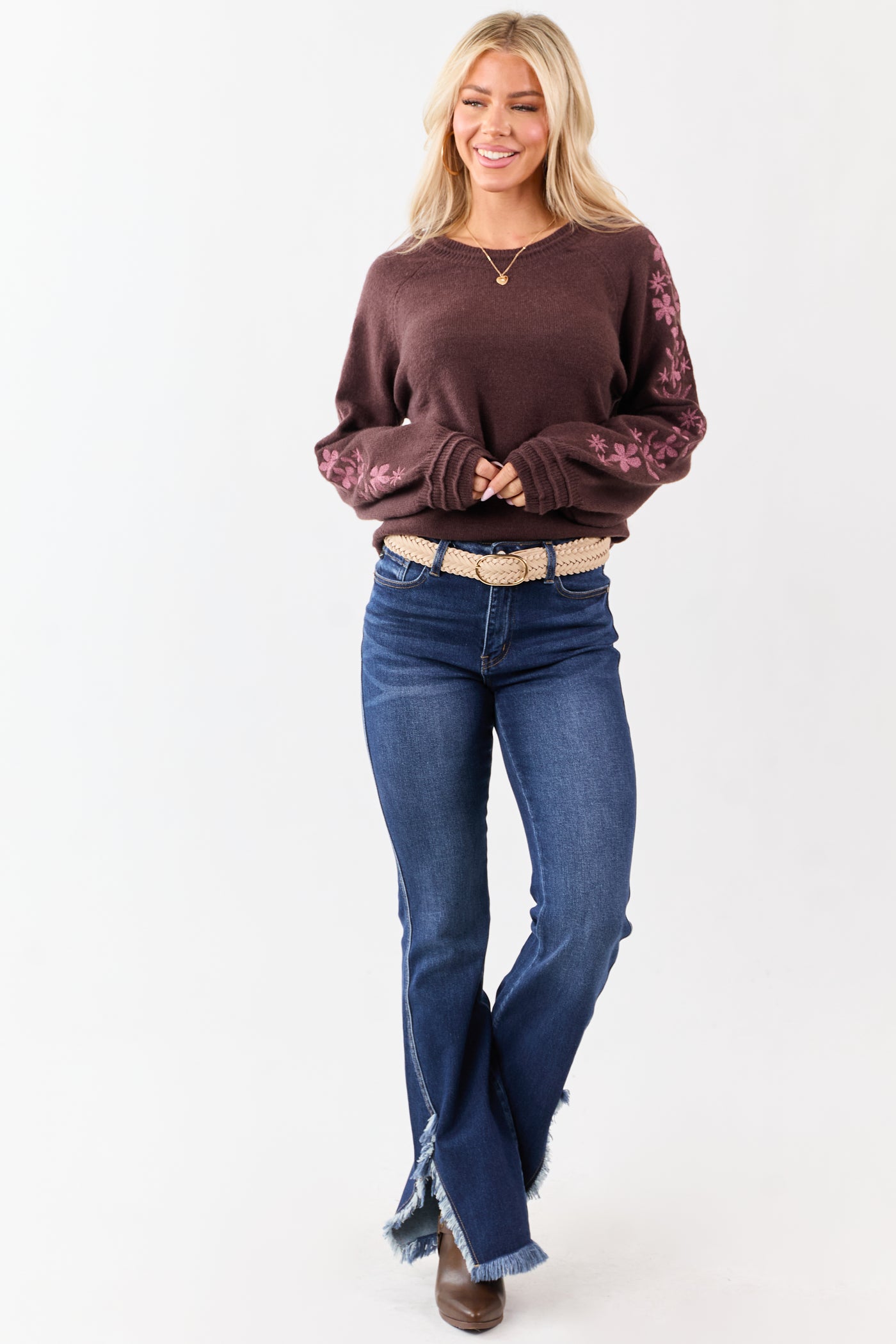 Chocolate Floral Embroidered Long Sleeve Sweater