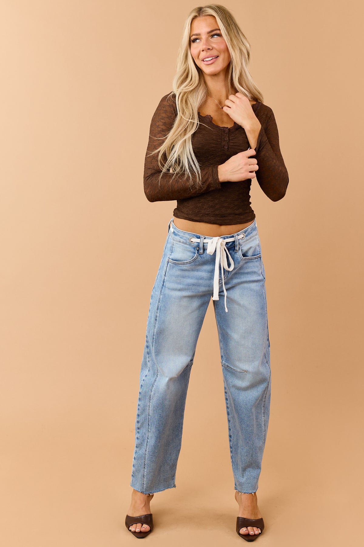 Chocolate Floral Lace Henley Long Sleeve Top