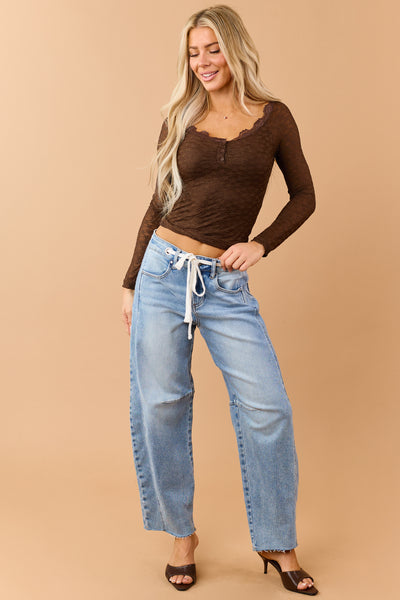 Chocolate Floral Lace Henley Long Sleeve Top