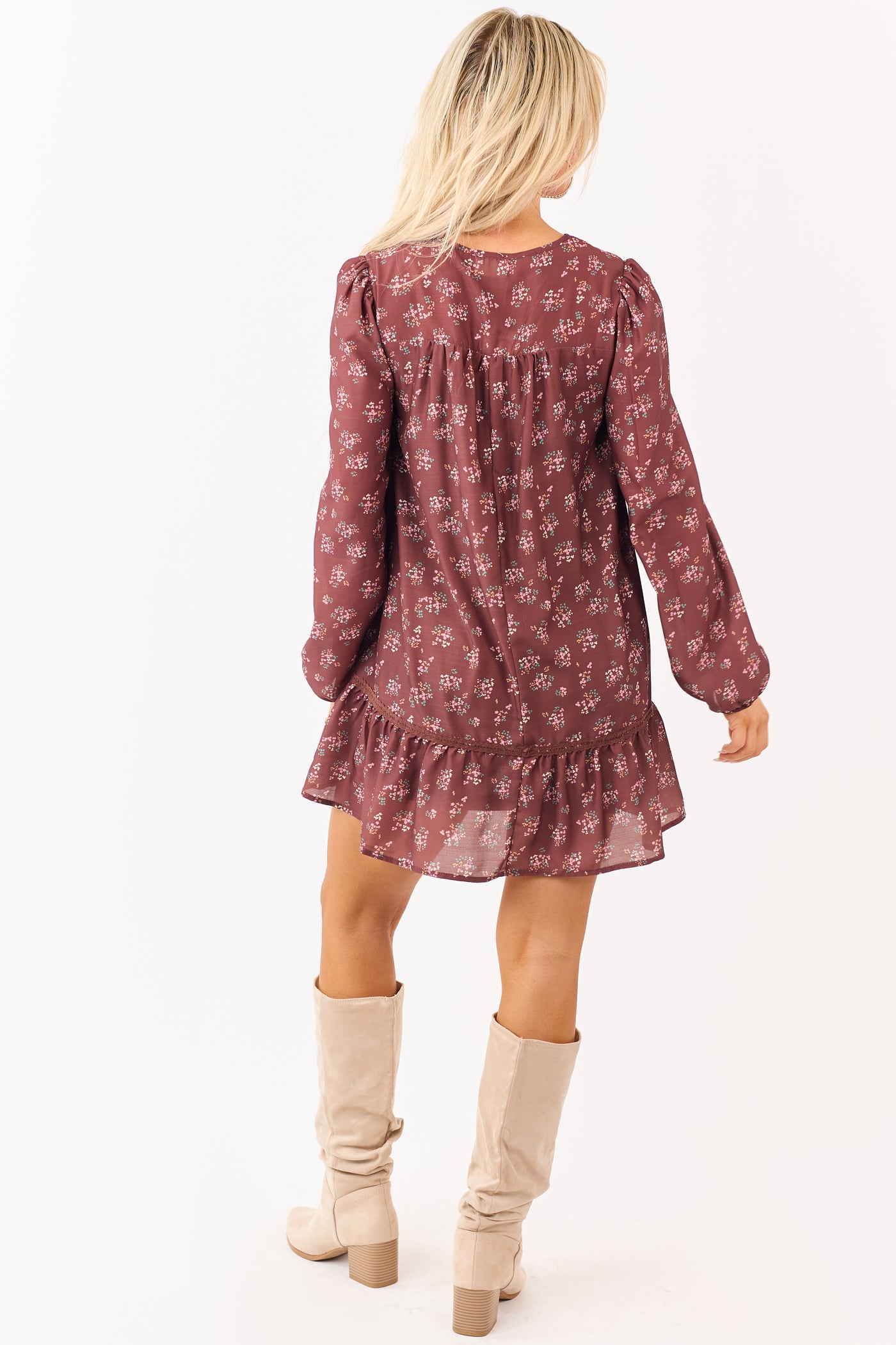 Chocolate Floral Print Front Bow Mini Dress