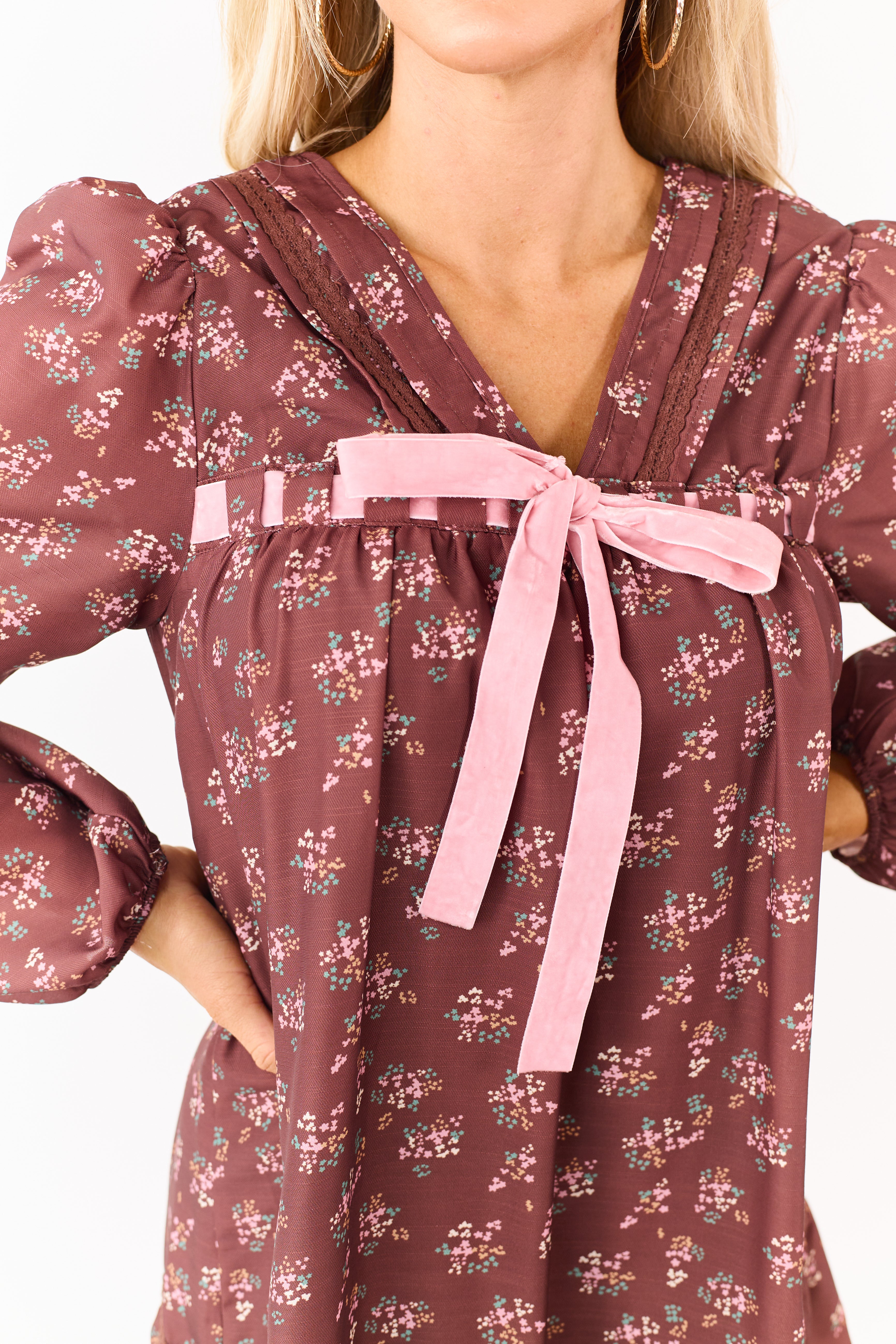 Chocolate Floral Print Front Bow Mini Dress