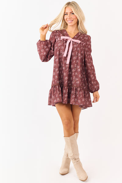 Chocolate Floral Print Front Bow Mini Dress