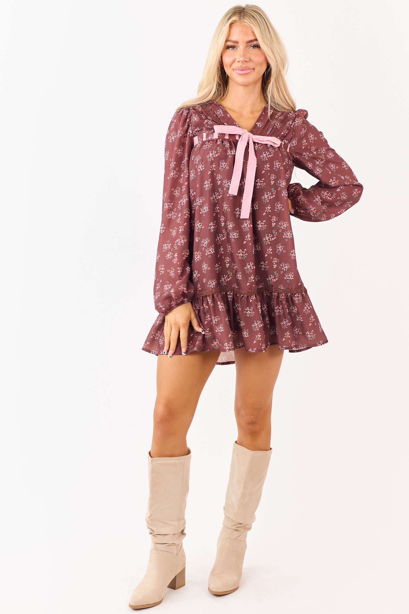 Chocolate Floral Print Front Bow Mini Dress