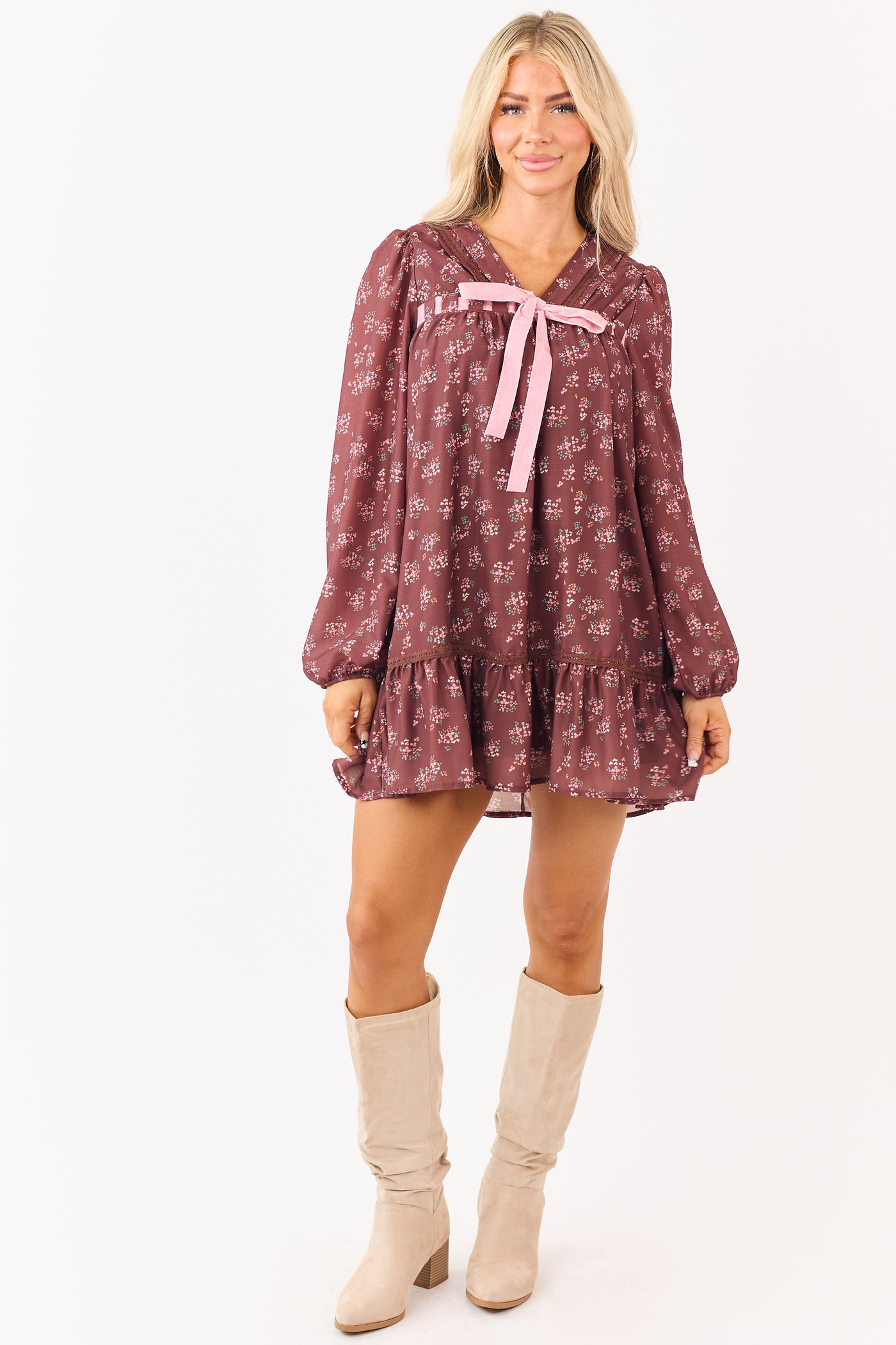 Chocolate Floral Print Front Bow Mini Dress