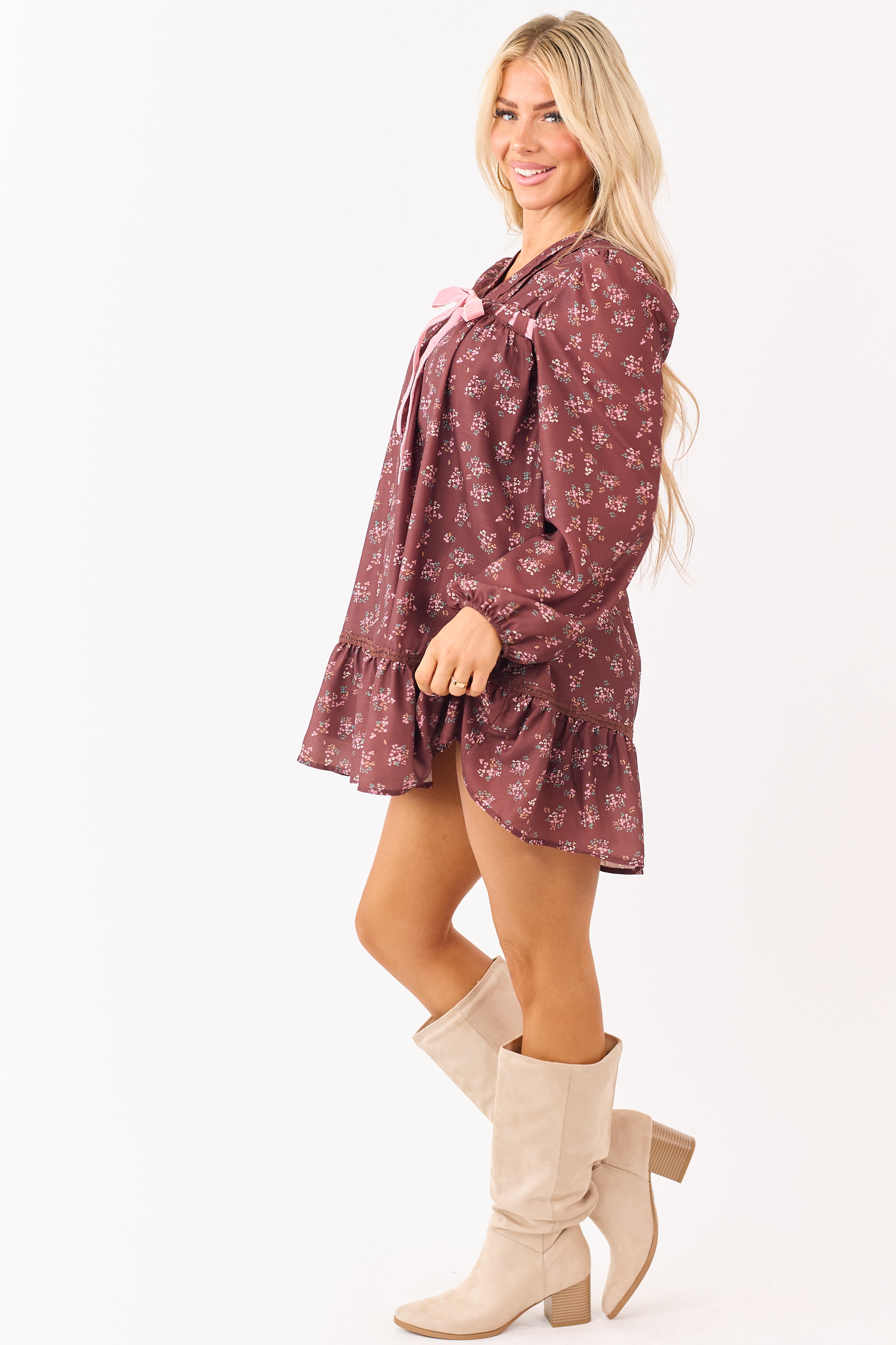 Chocolate Floral Print Front Bow Mini Dress