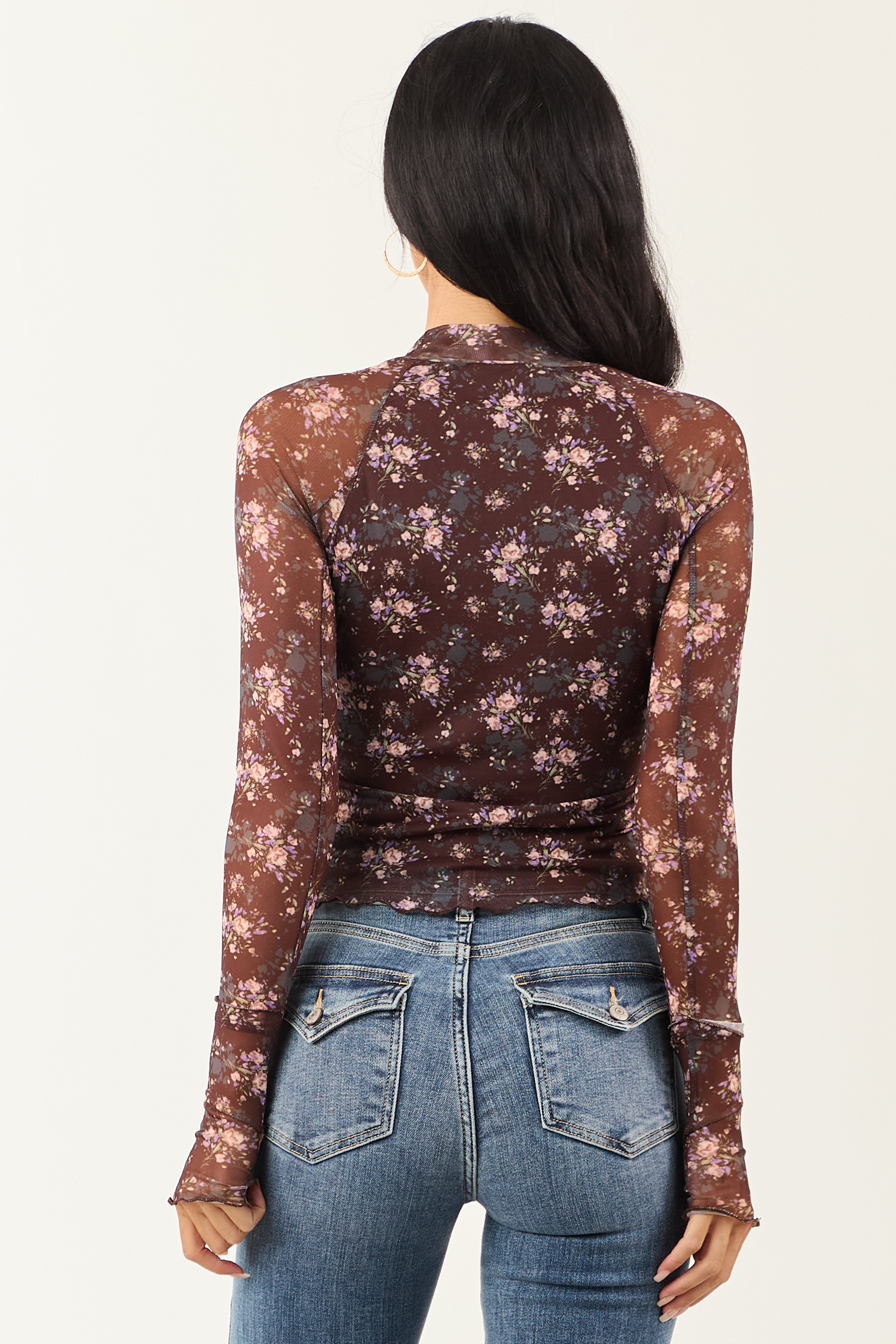 Chocolate Floral Print Long Sleeve Mesh Top