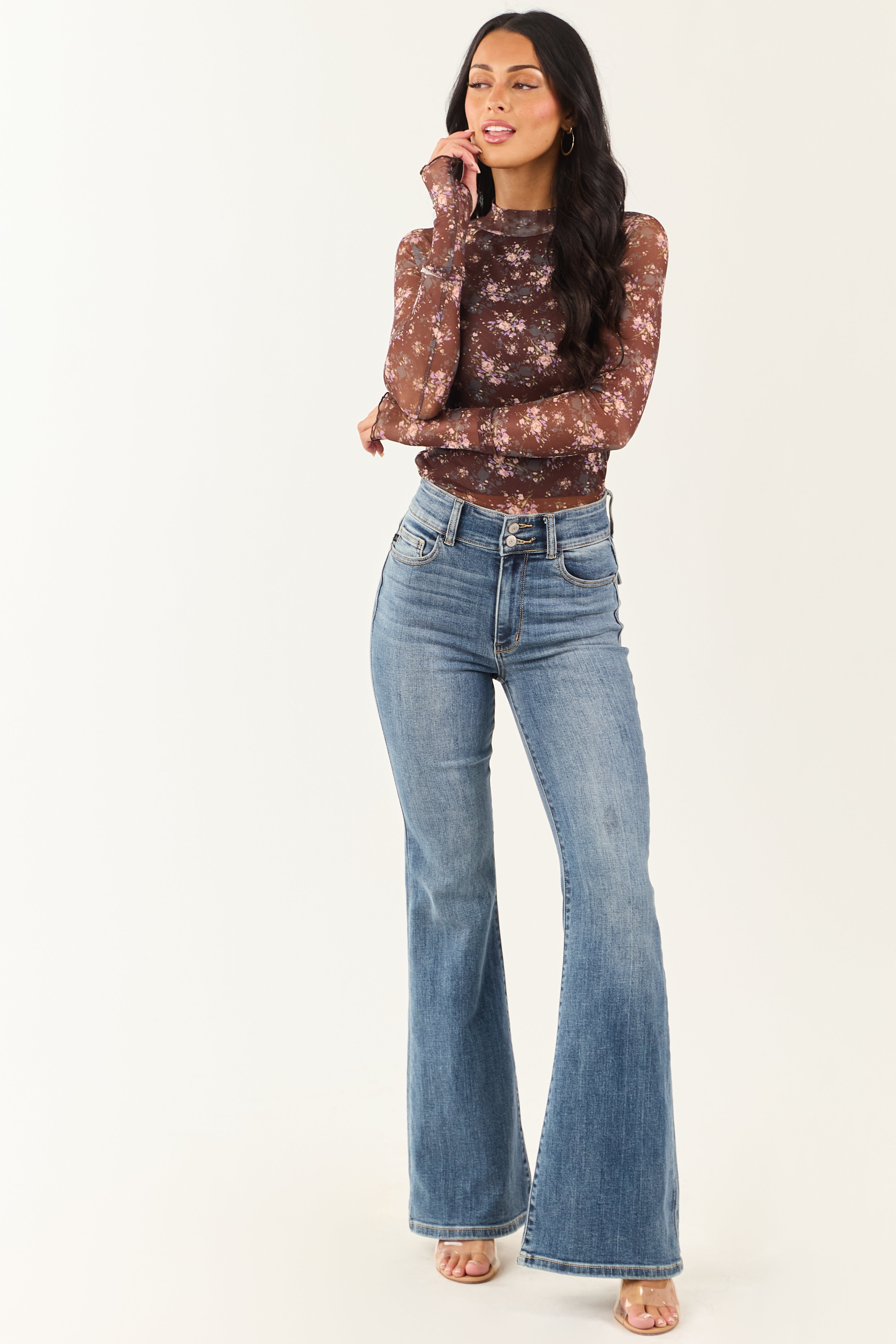 Chocolate Floral Print Long Sleeve Mesh Top