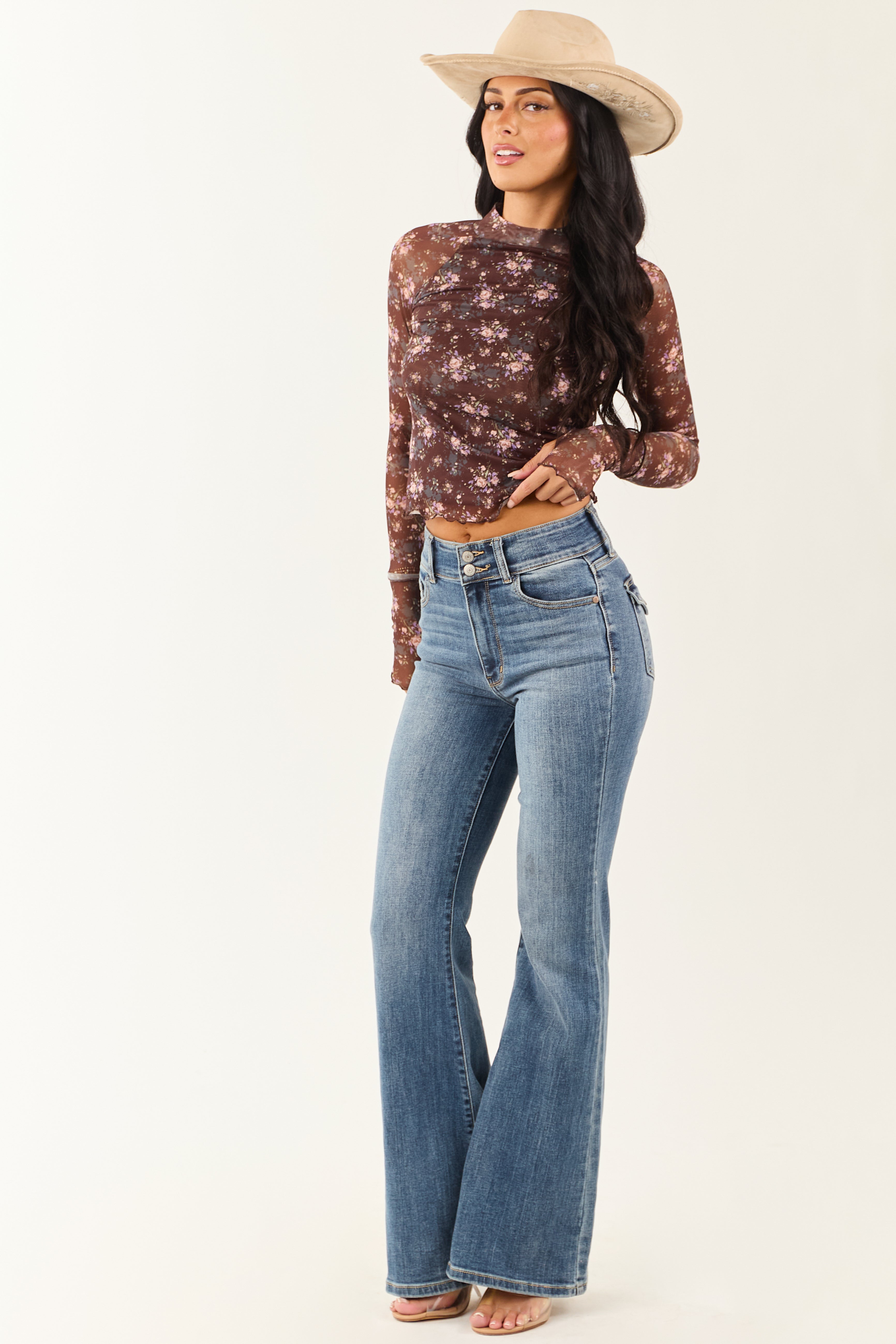 Chocolate Floral Print Long Sleeve Mesh Top