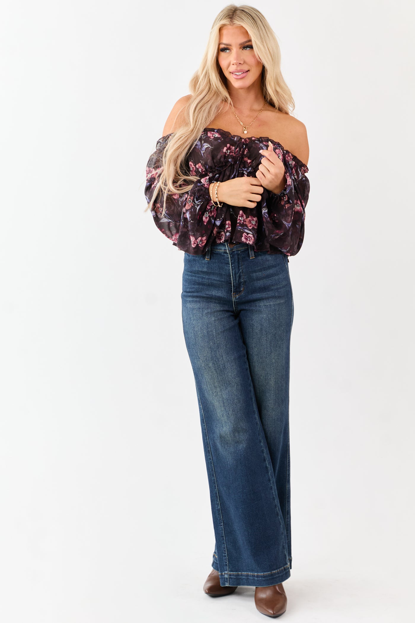Chocolate Floral Print Long Sleeve Peplum Top