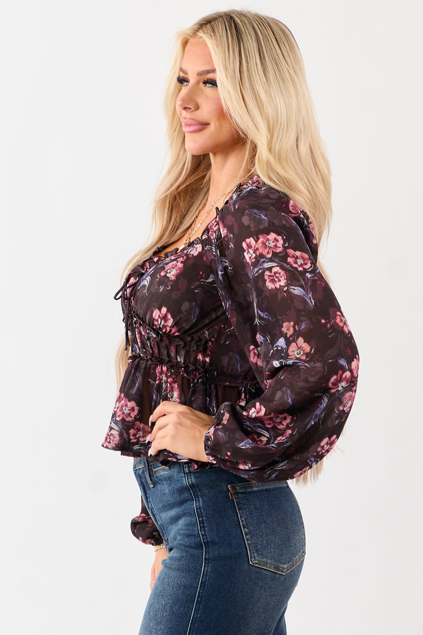 Chocolate Floral Print Long Sleeve Peplum Top